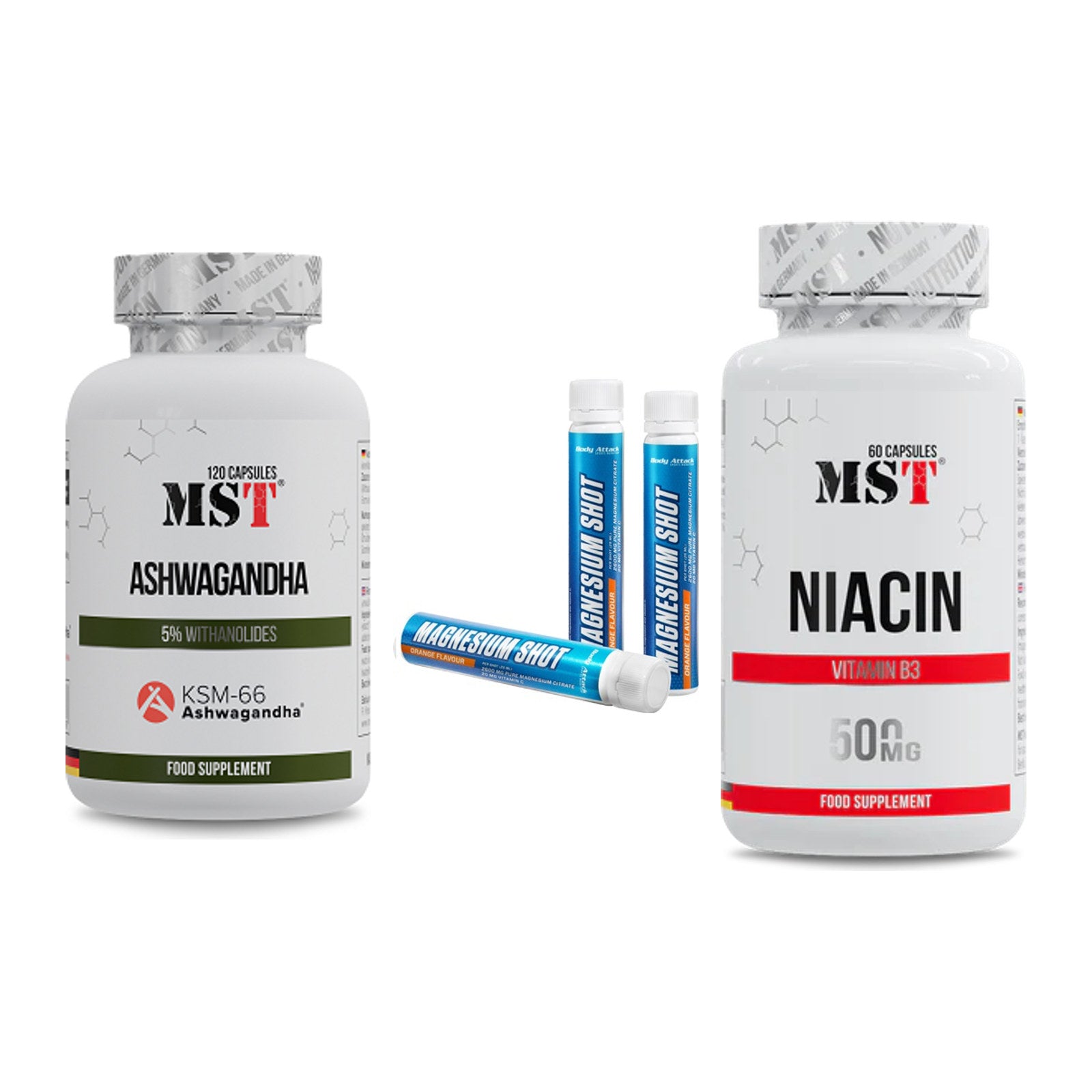 Stress & Balance: MST Ashwagandha + Body Attack + MST Niacin – alle enthaltenen Artikel