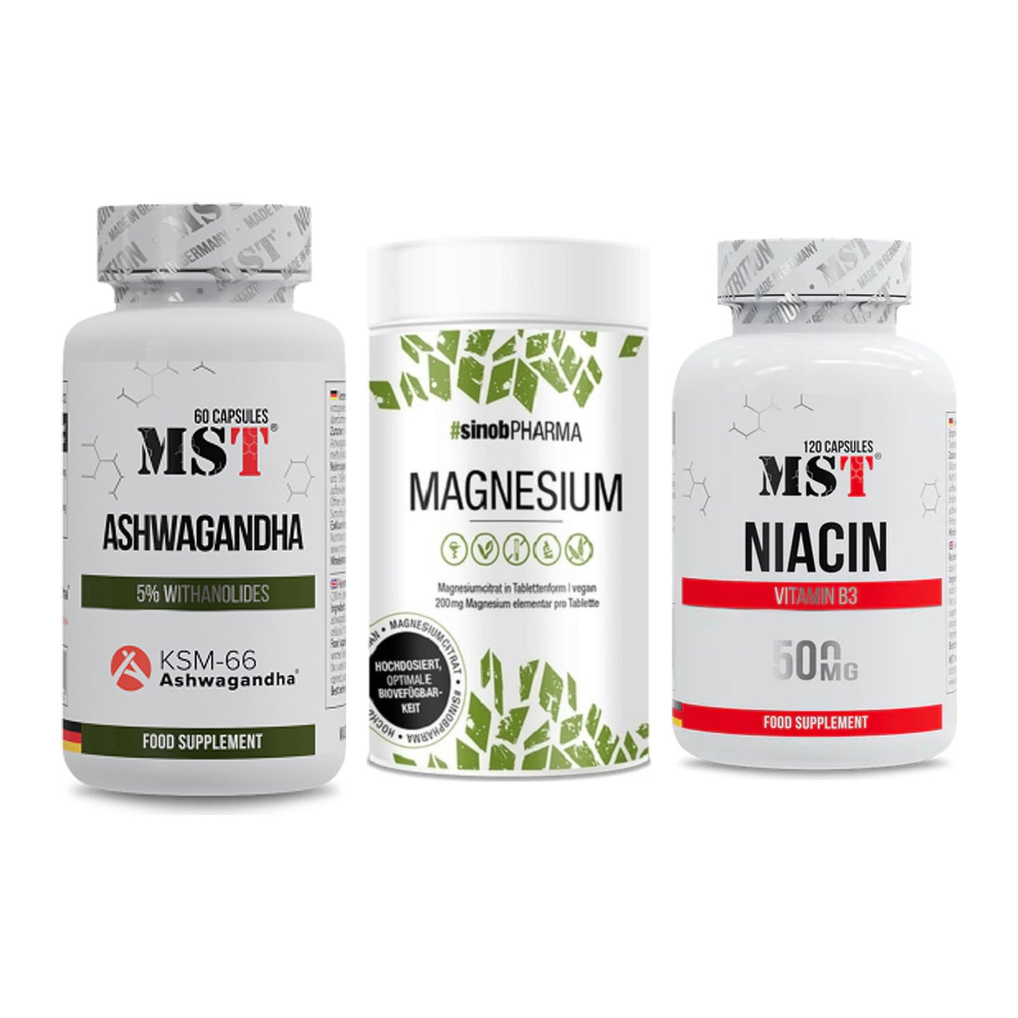 Stress & Balance: MST Ashwagandha + Sinob Magnesium + MST Niacin – alle enthaltenen Artikel