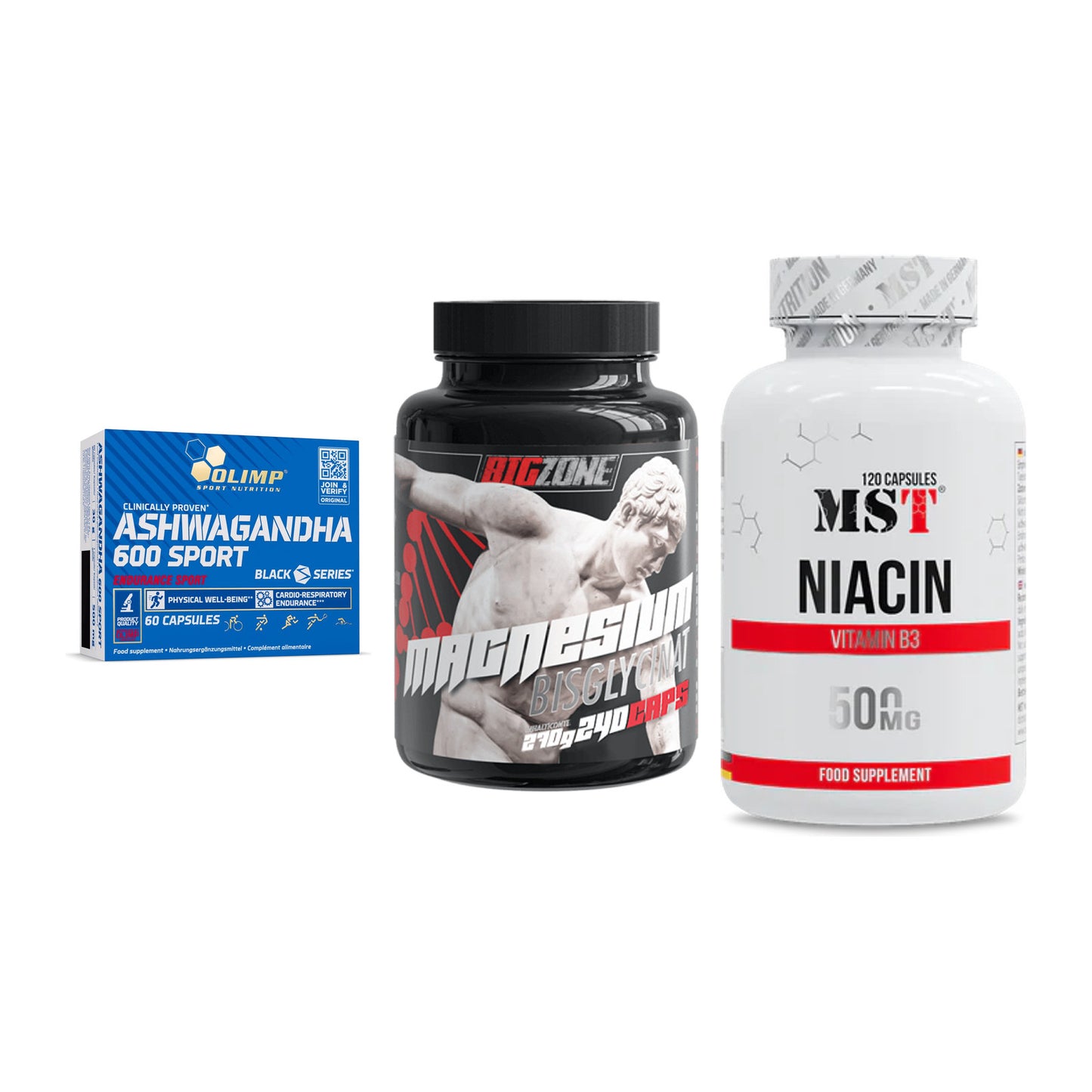 Stress & Balance: Olimp Ashwagand + Big Zone + MST Niacin – alle enthaltenen Artikel