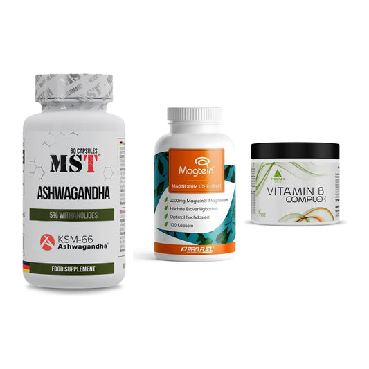 Stress & Balance: MST Ashwagandha + ProFuel Magnesi + Peak Vitamin B – alle enthaltenen Artikel