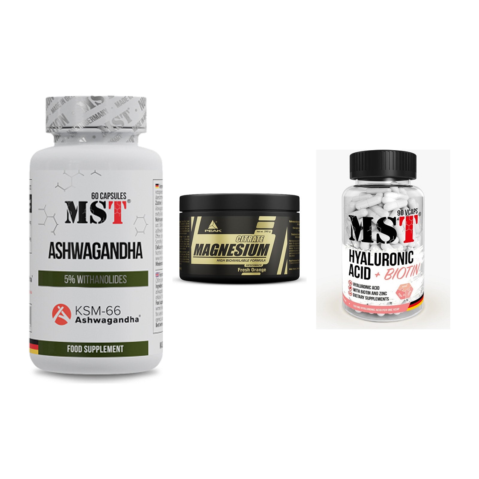 Stress & Balance: MST Ashwagandha + Peak Magnesium + MST Hyaluronic – alle enthaltenen Artikel