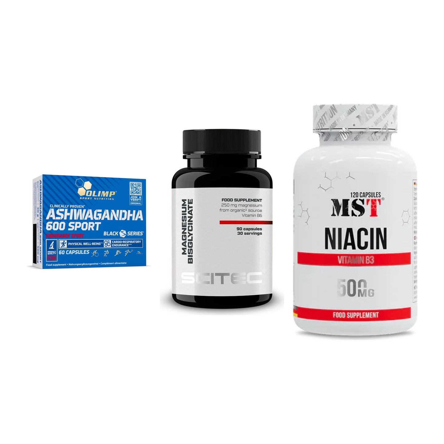 Stress & Balance: Olimp Ashwagand + Scitec Magnesiu + MST Niacin – alle enthaltenen Artikel