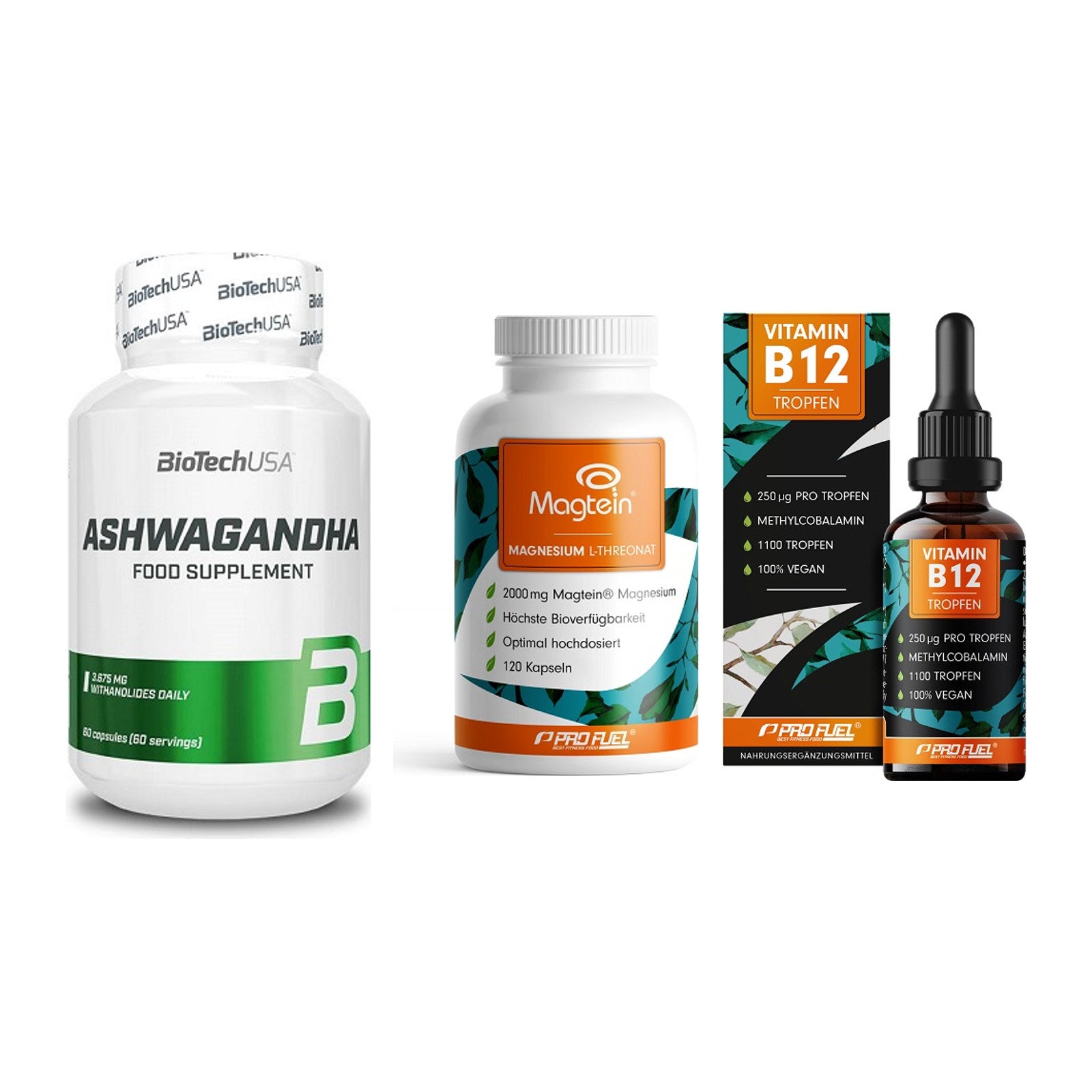 Stress & Balance: BioTech Ashwaga + ProFuel Magnesi + ProFuel Vitamin – alle enthaltenen Artikel
