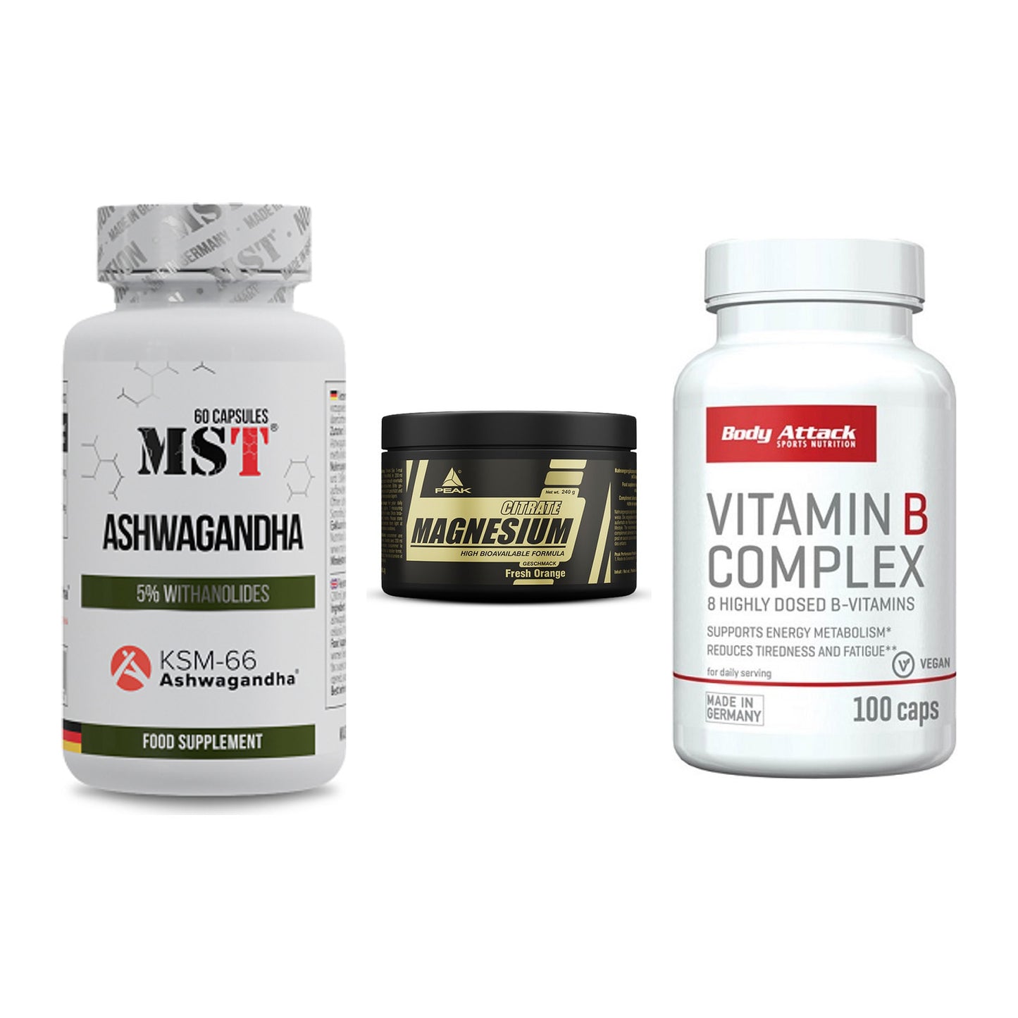 Stress & Balance: MST Ashwagandha + Peak Magnesium + Body Attack – alle enthaltenen Artikel
