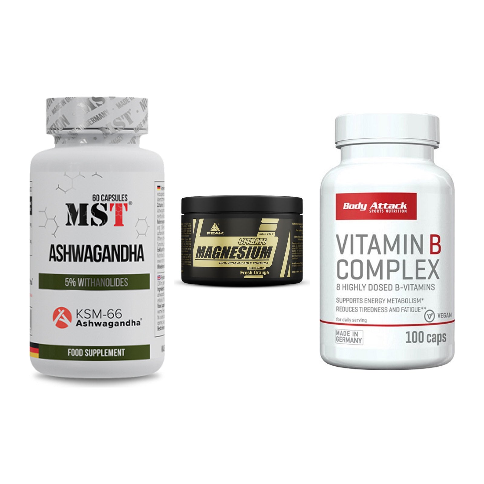 Stress & Balance: MST Ashwagandha + Peak Magnesium + Body Attack – alle enthaltenen Artikel