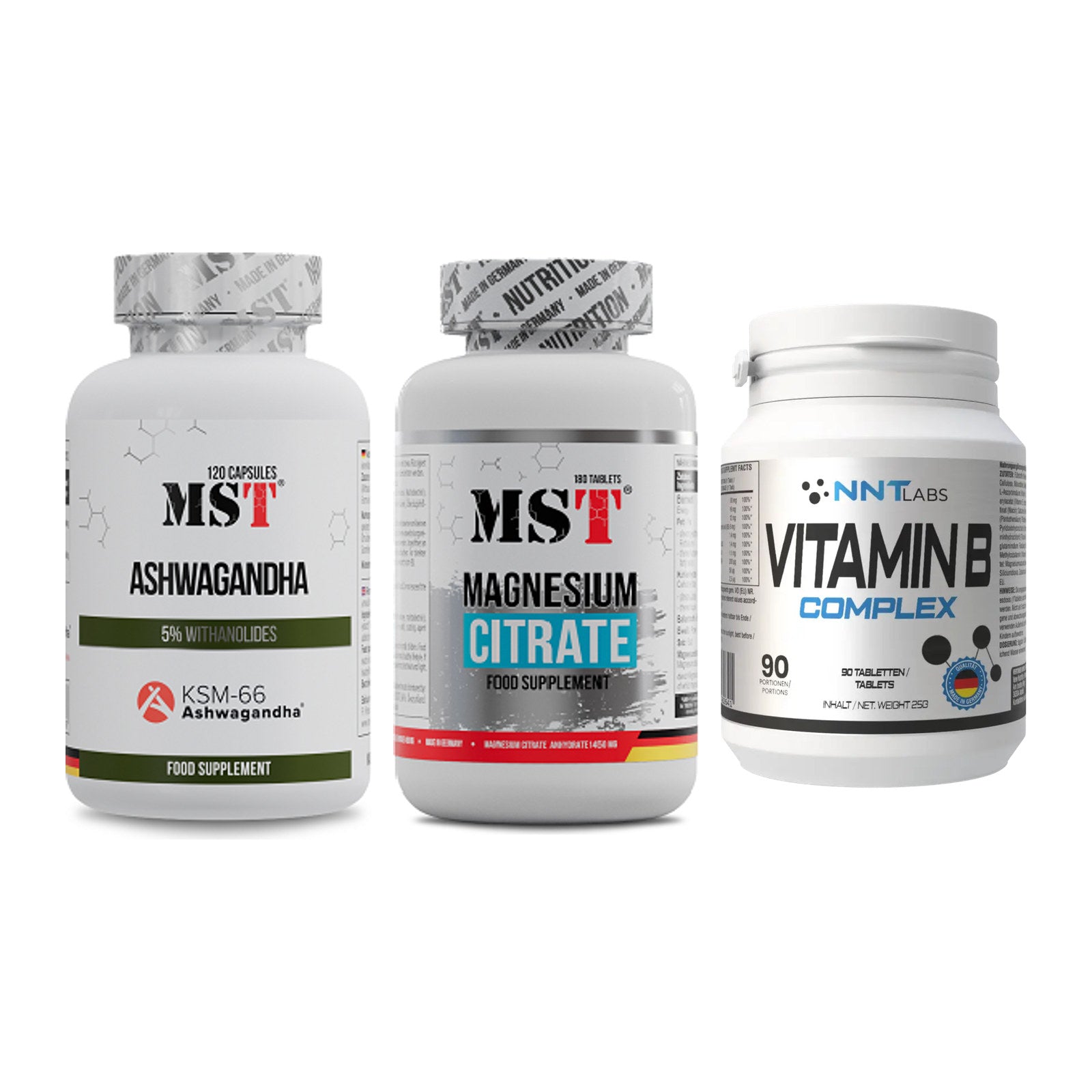 Stress & Balance: MST Ashwagandha + MST Magnesium + NNT Vitamin B – alle enthaltenen Artikel