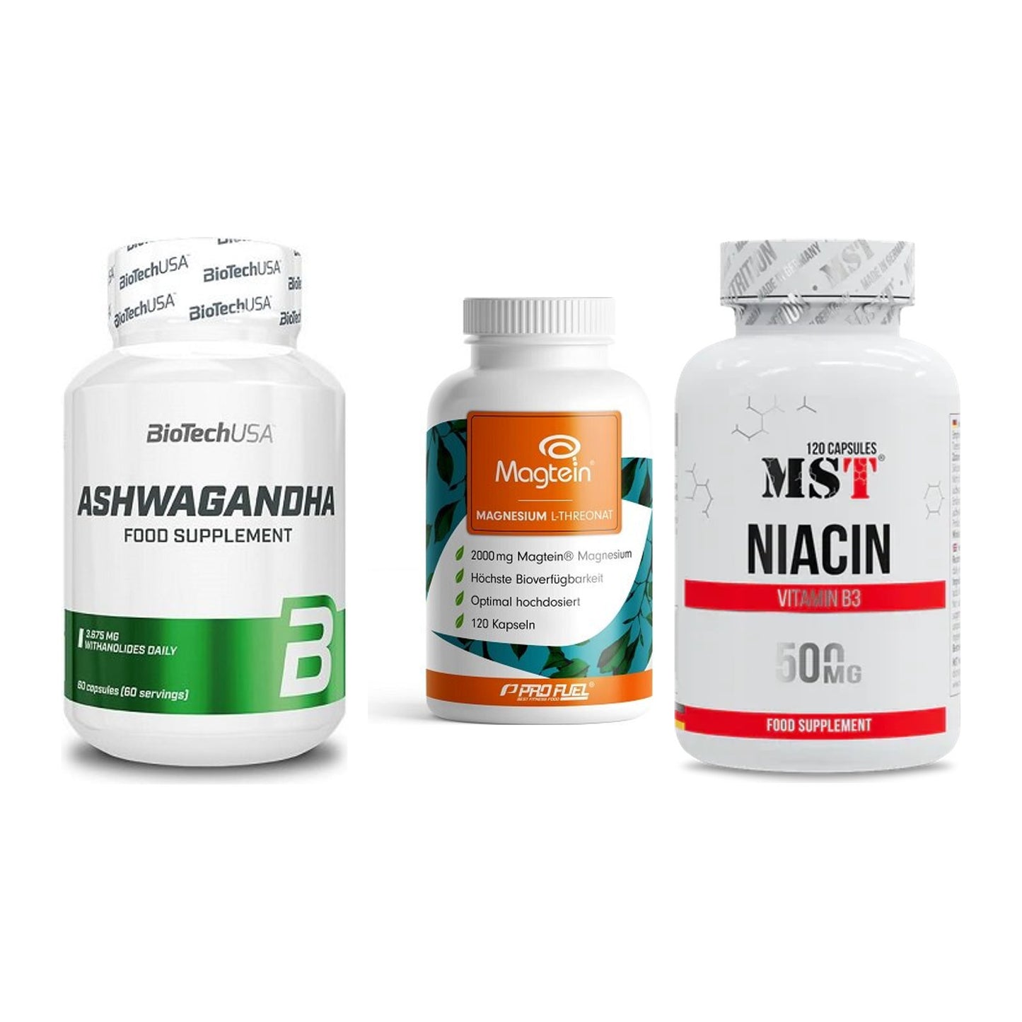 Stress & Balance: BioTech Ashwaga + ProFuel Magnesi + MST Niacin – alle enthaltenen Artikel