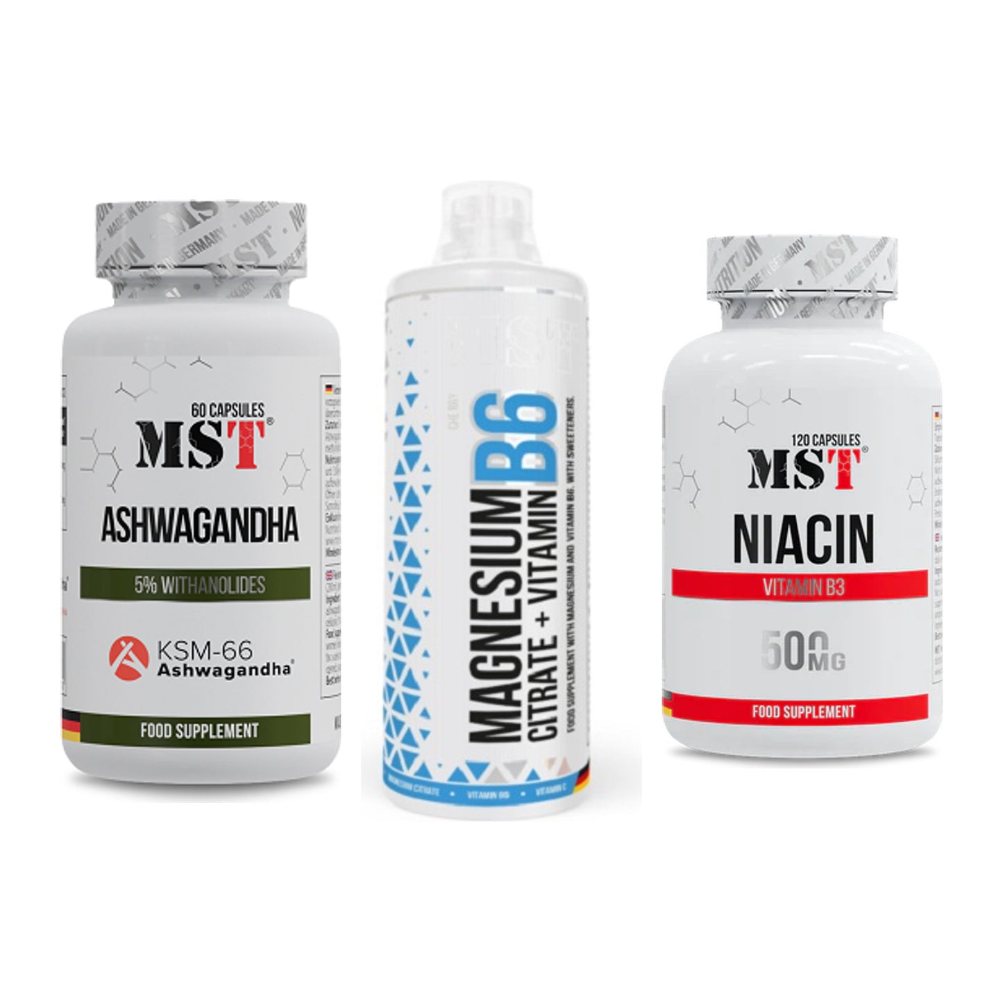 Stress & Balance: MST Ashwagandha + MST Magnesium + MST Niacin – alle enthaltenen Artikel