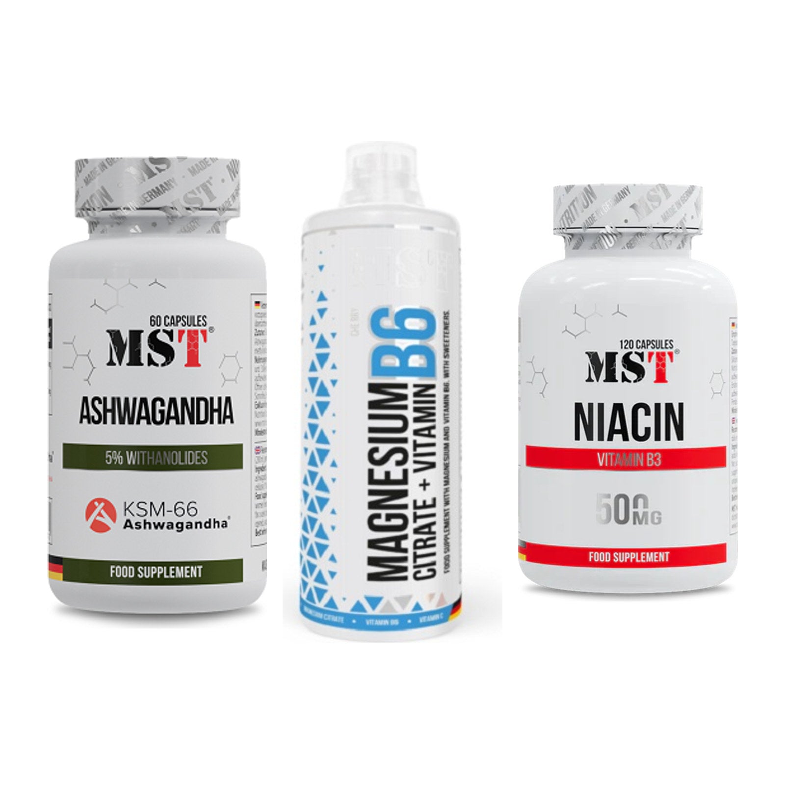 Stress & Balance: MST Ashwagandha + MST Magnesium + MST Niacin – alle enthaltenen Artikel