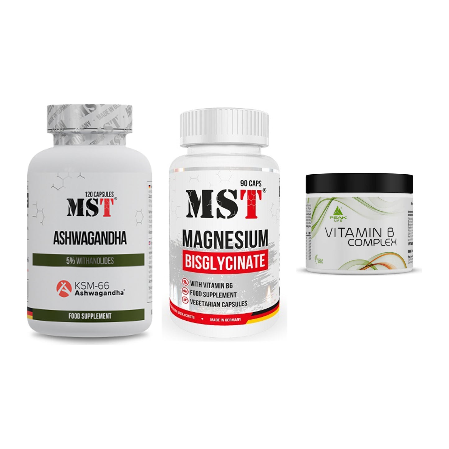 Stress & Balance: MST Ashwagandha + MST Magnesium + Peak Vitamin B – alle enthaltenen Artikel