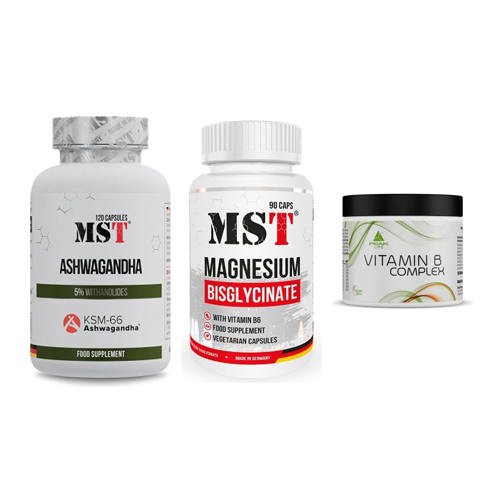 Stress & Balance: MST Ashwagandha + MST Magnesium + Peak Vitamin B – alle enthaltenen Artikel