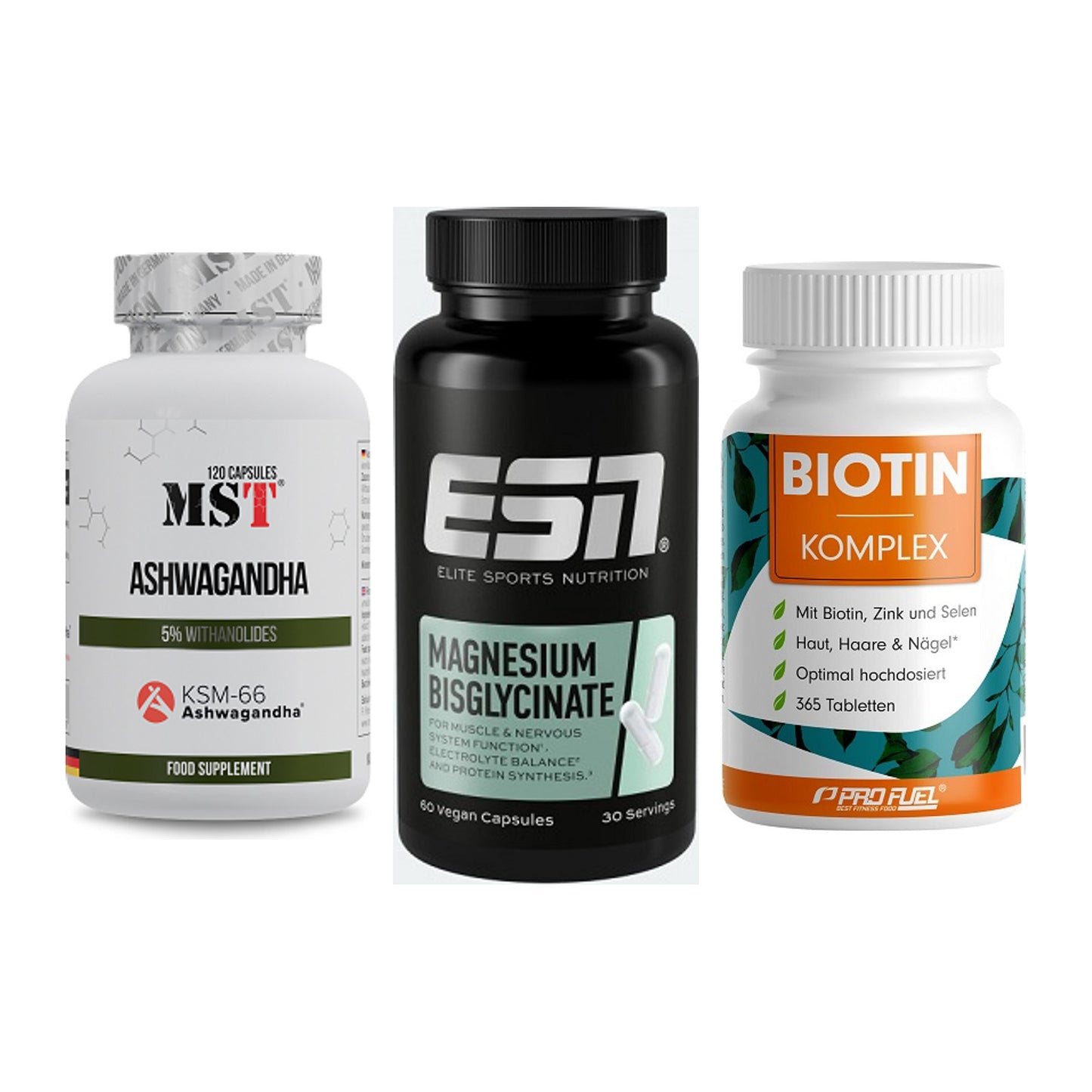 Stress & Balance: MST Ashwagandha + ESN Magnesium + ProFuel BIOTIN – alle enthaltenen Artikel