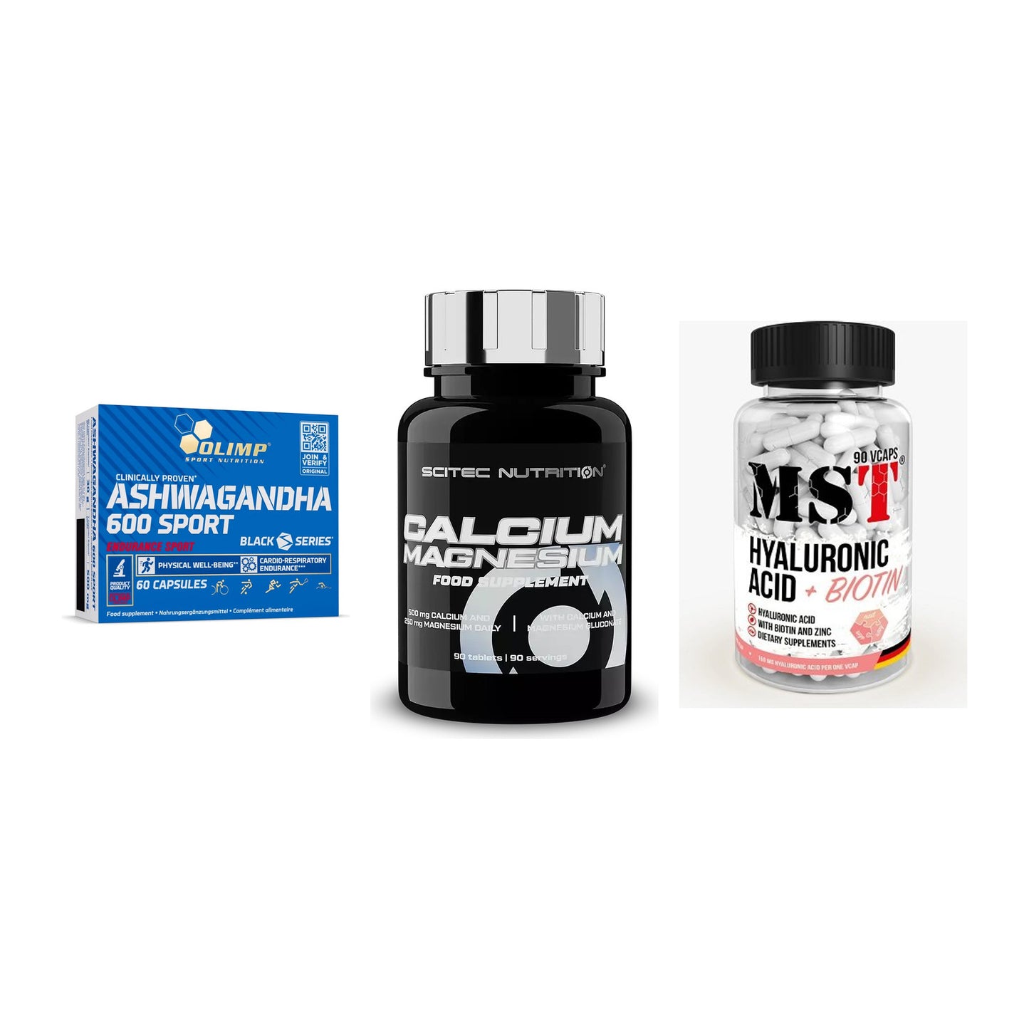 Stress & Balance: Olimp Ashwagand + Scitec Calcium + MST Hyaluronic – alle enthaltenen Artikel