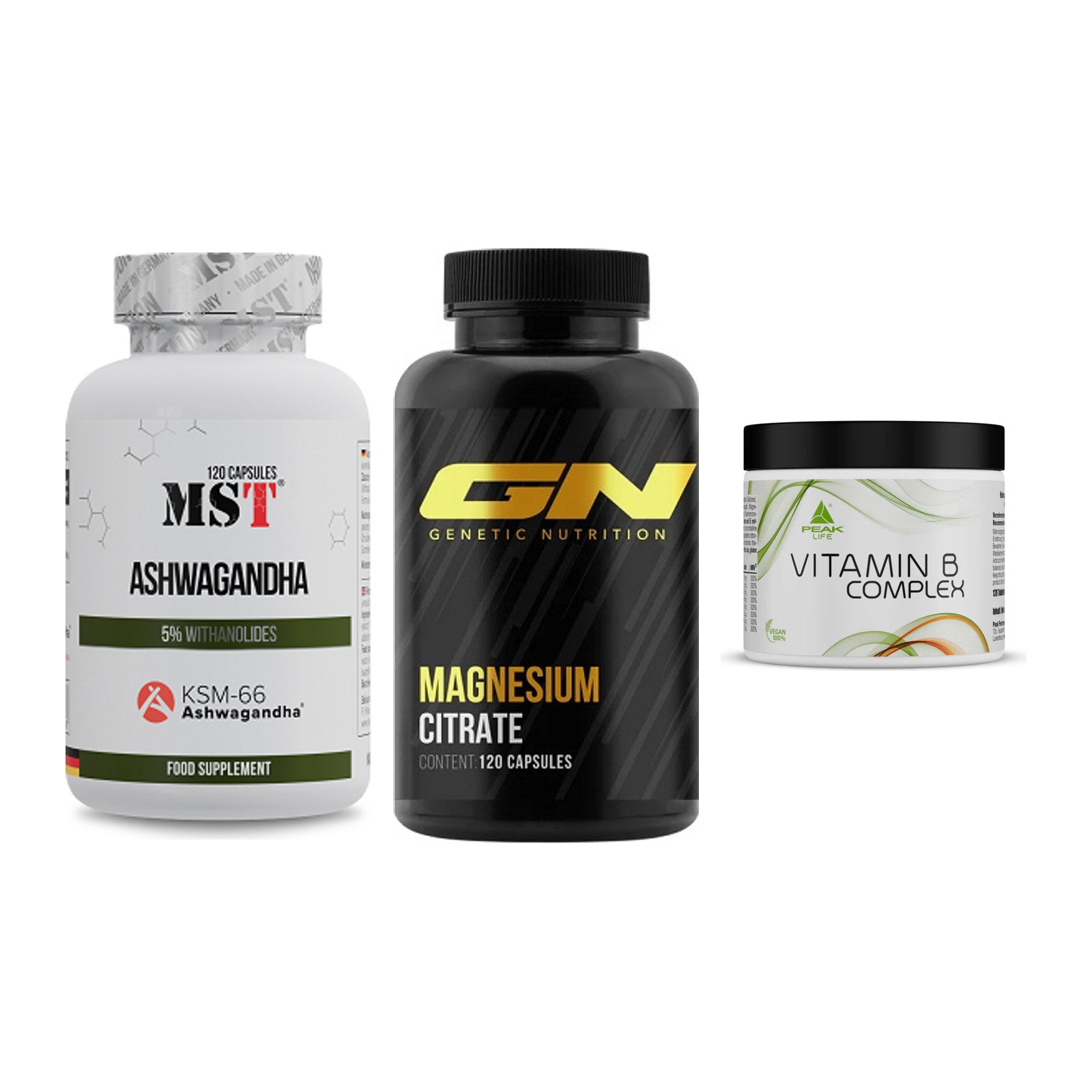 Stress & Balance: MST Ashwagandha + GN Magnesium + Peak Vitamin B – alle enthaltenen Artikel