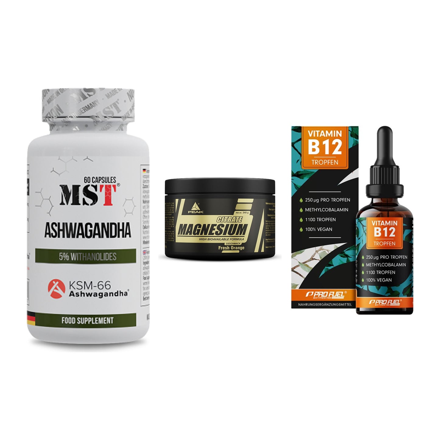 Stress & Balance: MST Ashwagandha + Peak Magnesium + ProFuel Vitamin – alle enthaltenen Artikel