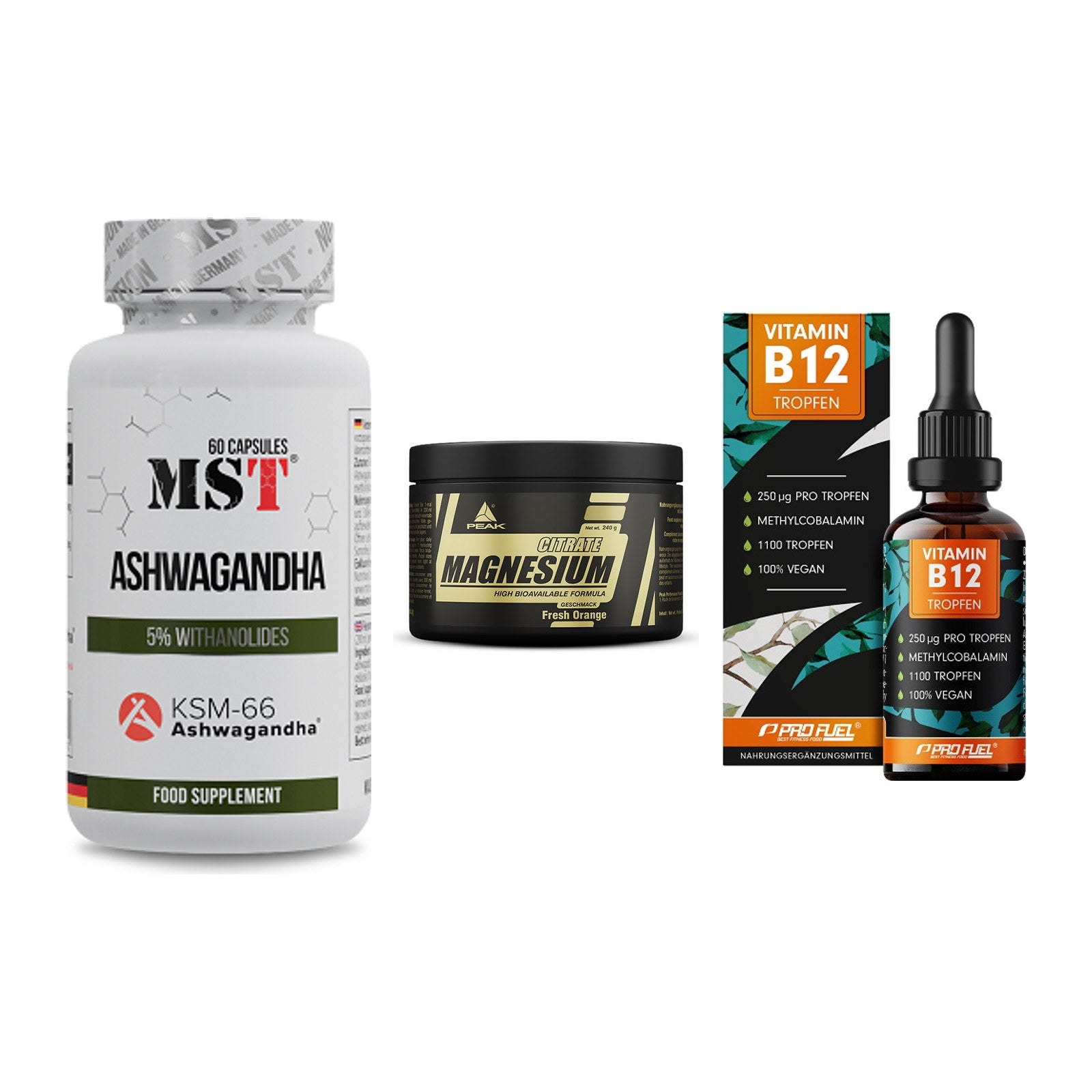 Stress & Balance: MST Ashwagandha + Peak Magnesium + ProFuel Vitamin – alle enthaltenen Artikel