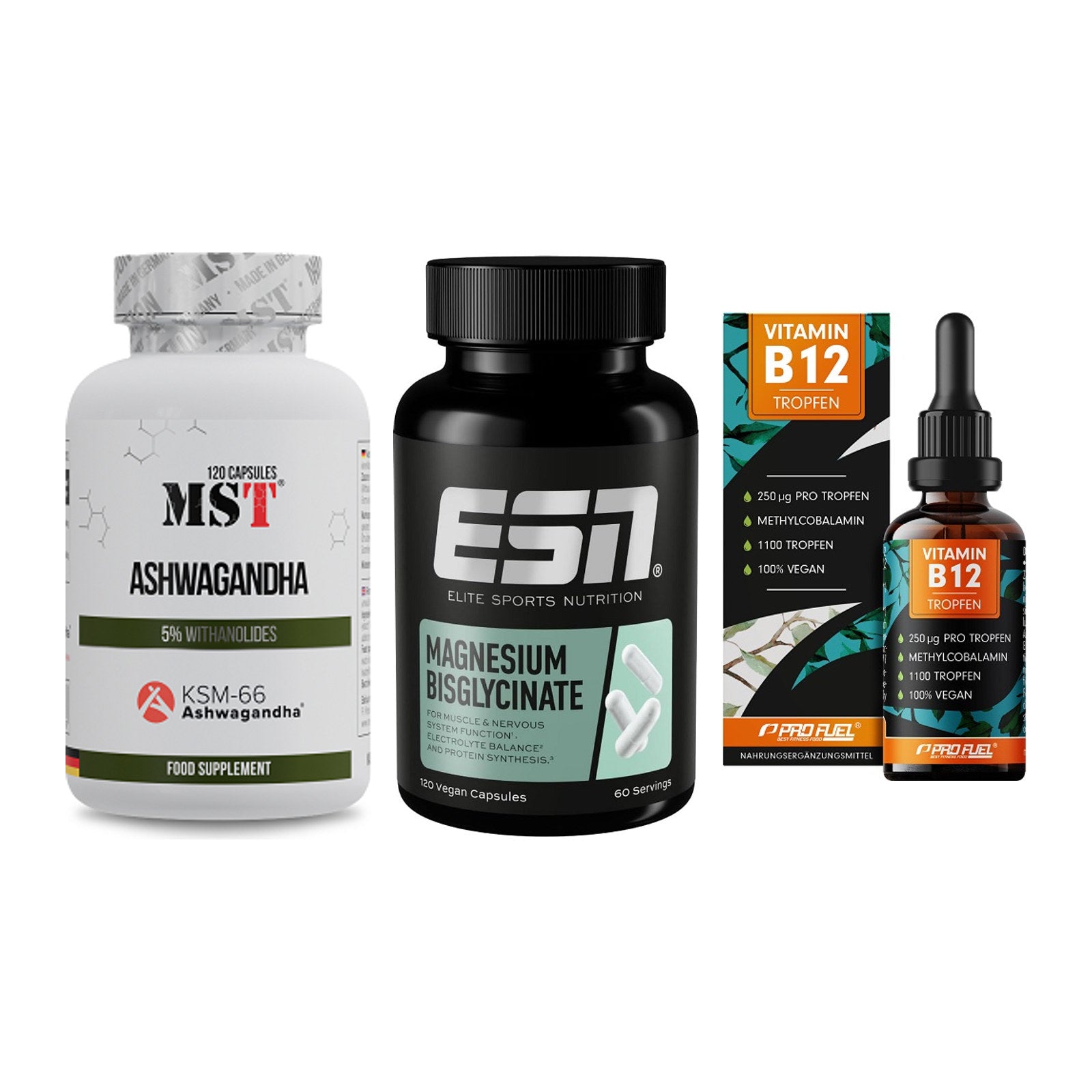 Stress & Balance: MST Ashwagandha + ESN Magnesium + ProFuel Vitamin – alle enthaltenen Artikel