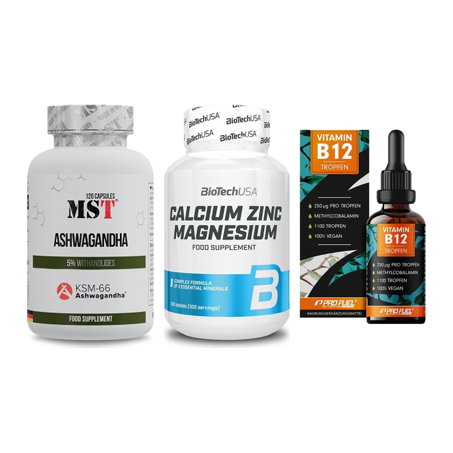 Stress & Balance: MST Ashwagandha + BioTech Calcium + ProFuel Vitamin – alle enthaltenen Artikel