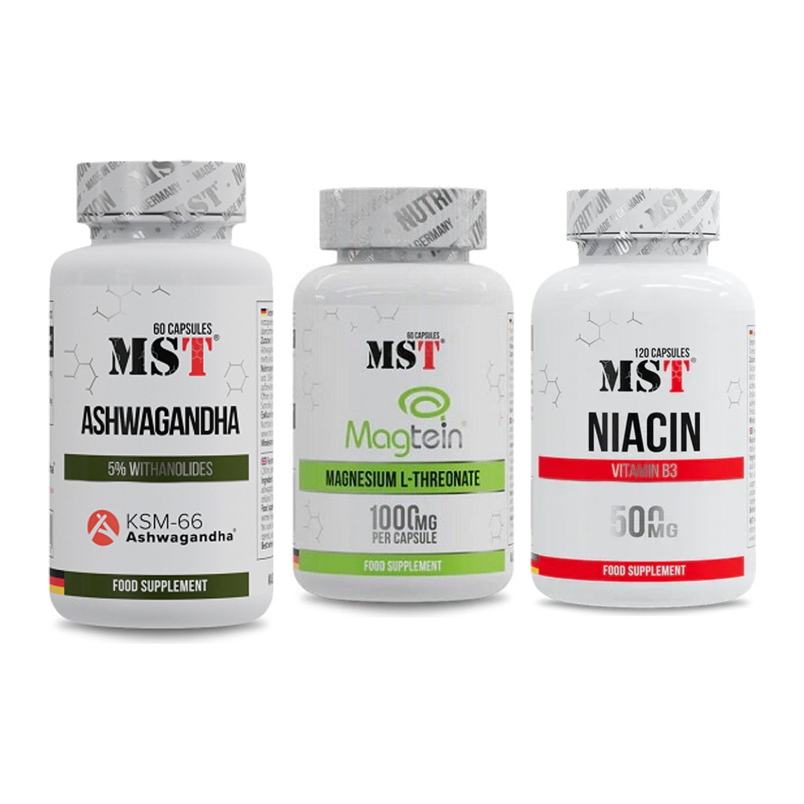 Stress & Balance: MST Ashwagandha + MST Magnesium + MST Niacin – alle enthaltenen Artikel