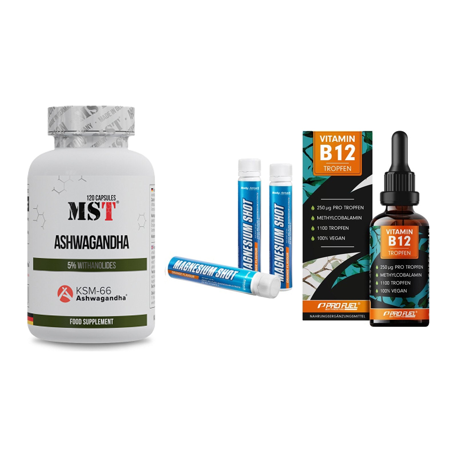 Stress & Balance: MST Ashwagandha + Body Attack + ProFuel Vitamin – alle enthaltenen Artikel