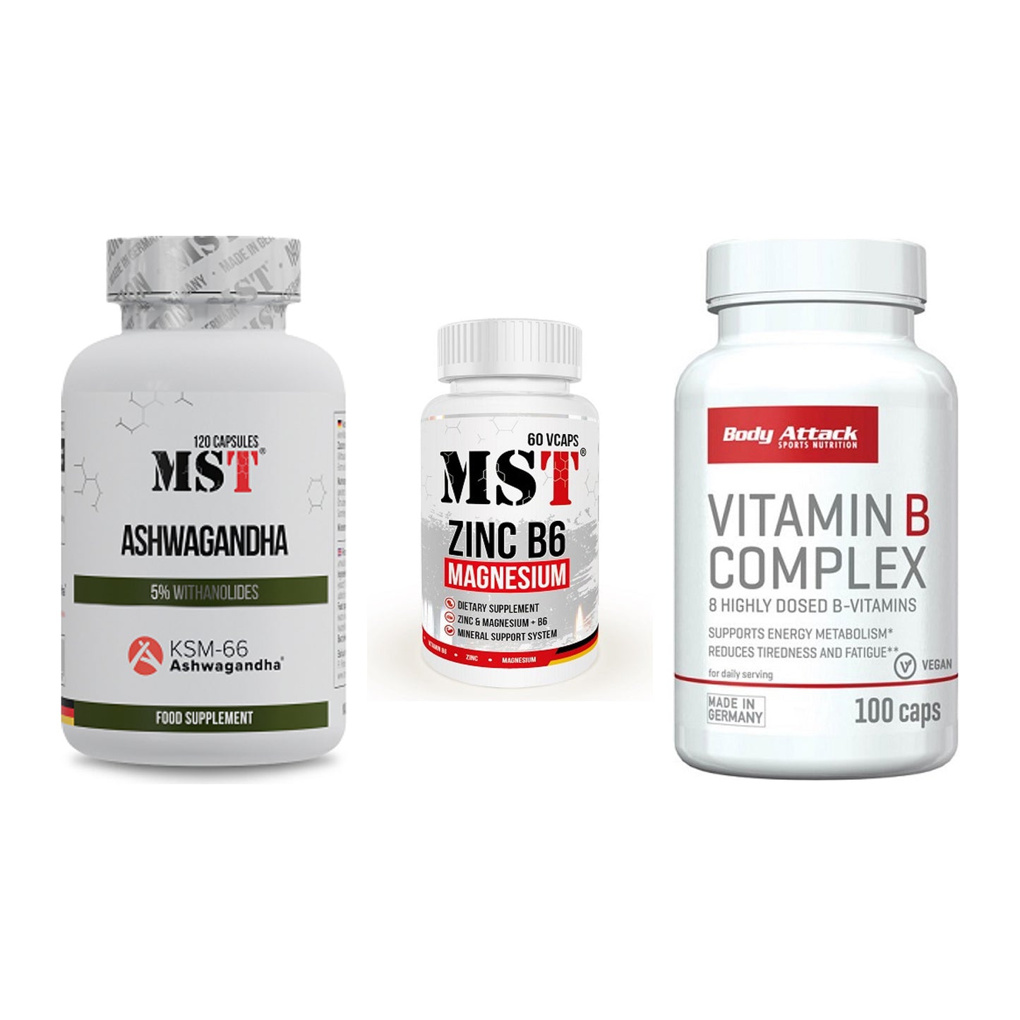 Stress & Balance: MST Ashwagandha + MST Zinc + Body Attack – alle enthaltenen Artikel