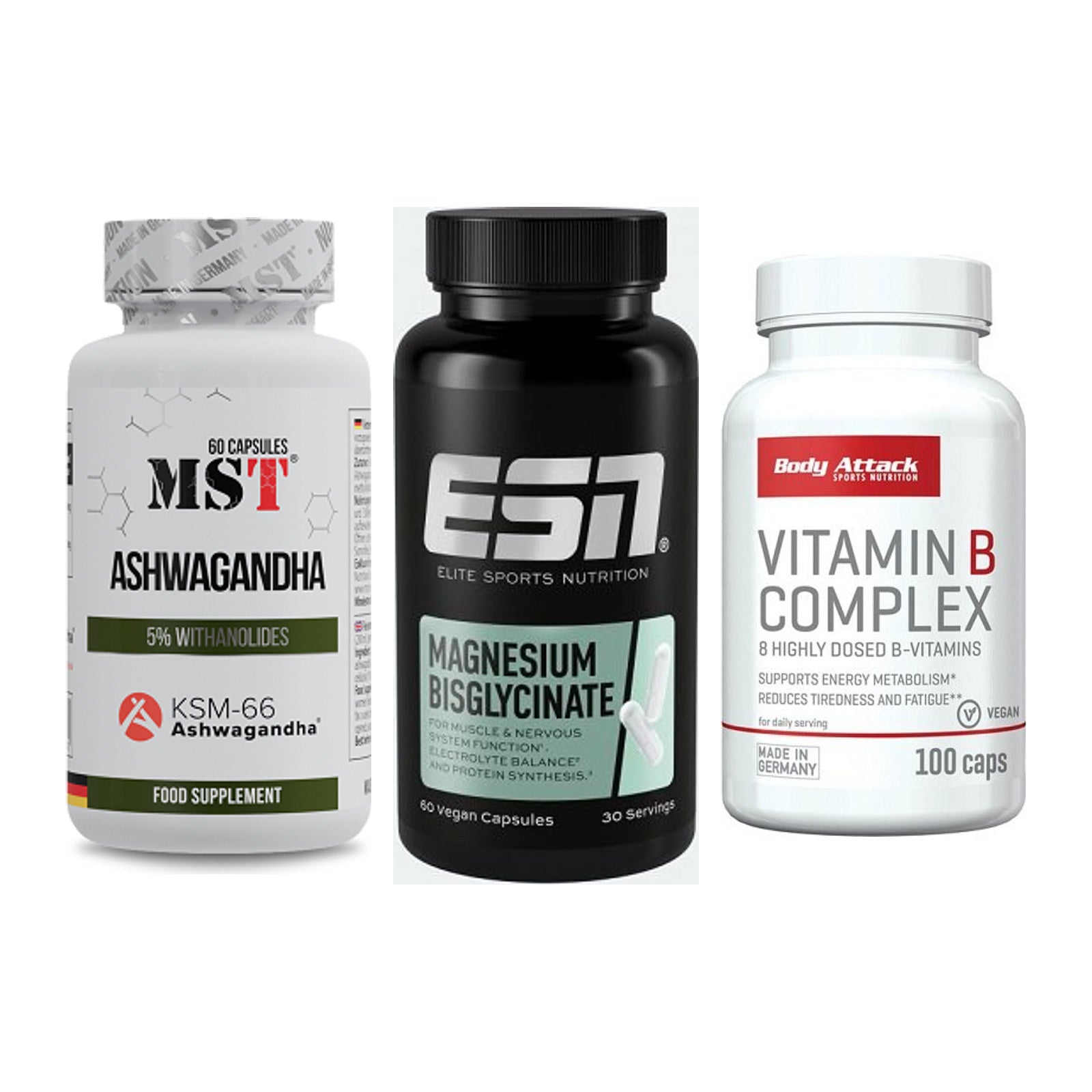 Stress & Balance: MST Ashwagandha + ESN Magnesium + Body Attack – alle enthaltenen Artikel