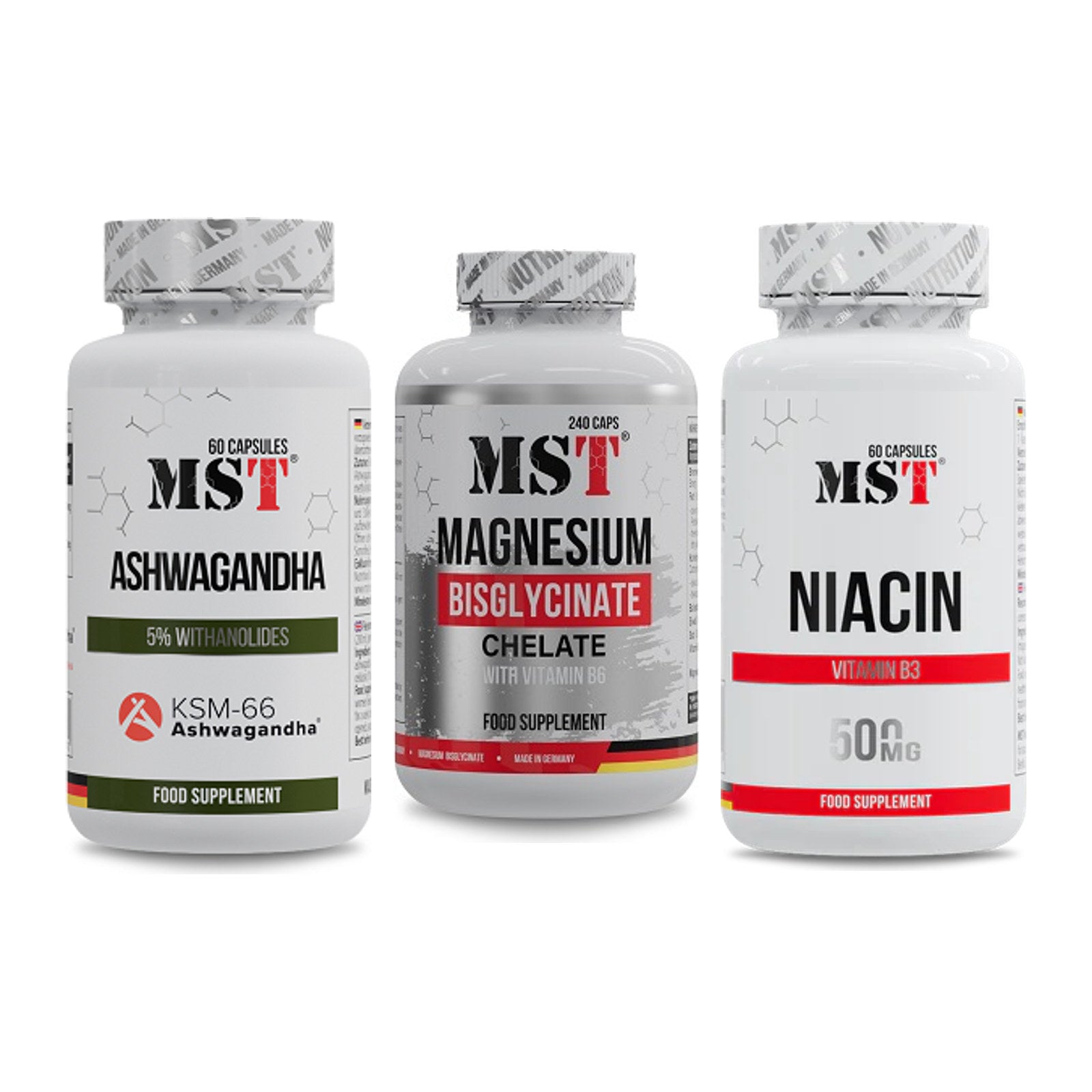 Stress & Balance: MST Ashwagandha + MST Magnesium + MST Niacin – alle enthaltenen Artikel