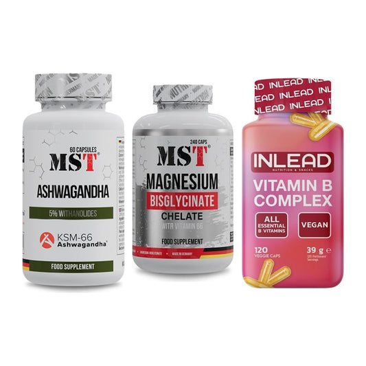 Stress & Balans: MST Ashwagandha + MST Magnesium + INLEAD Vitamine – alle items inbegrepen