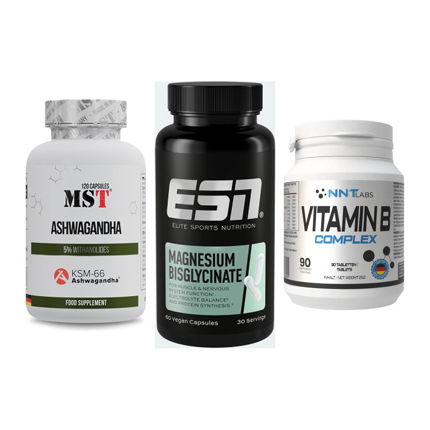 Stress & Balance: MST Ashwagandha + ESN Magnesium + NNT Vitamin B – alle enthaltenen Artikel