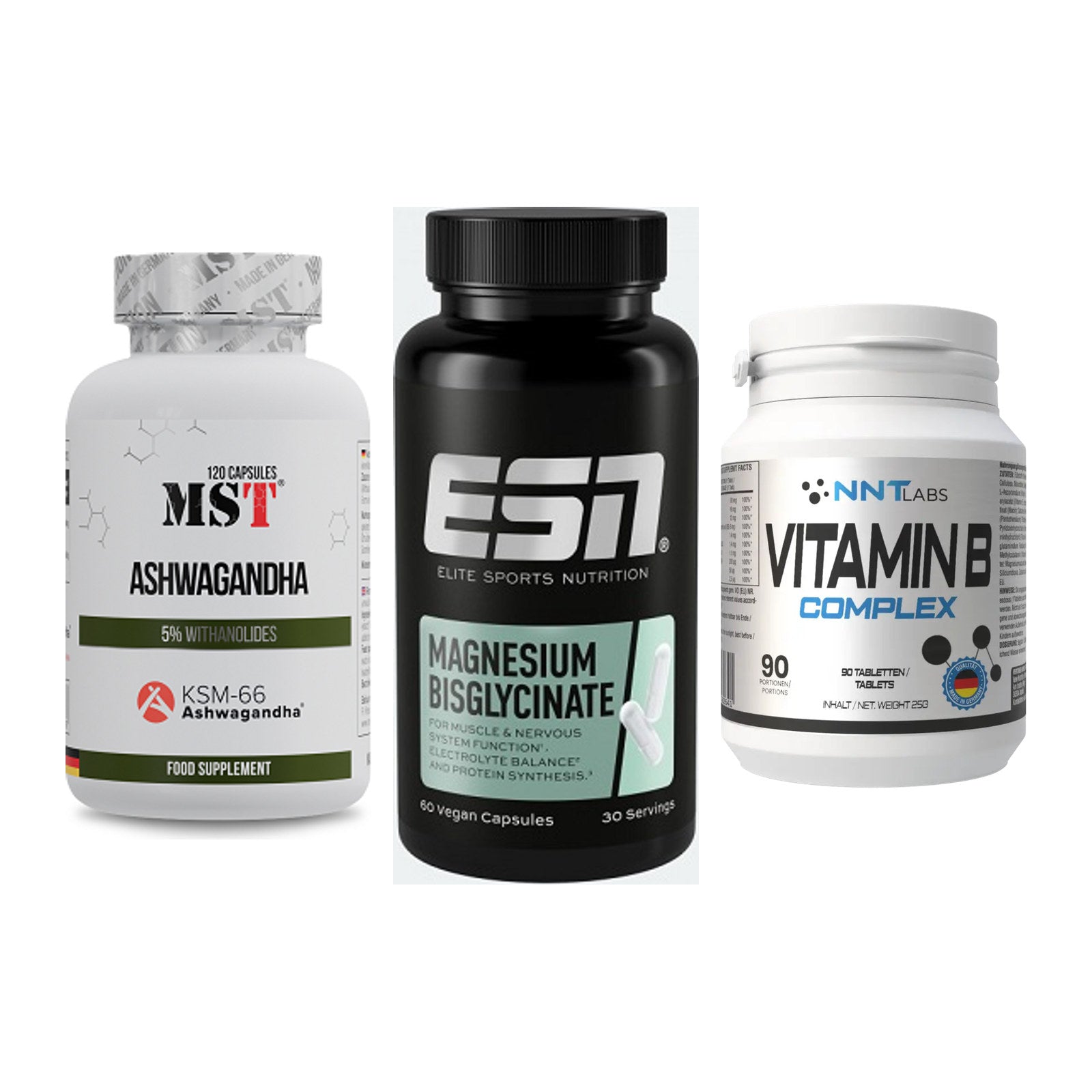 Stress & Balance: MST Ashwagandha + ESN Magnesium + NNT Vitamin B – alle enthaltenen Artikel
