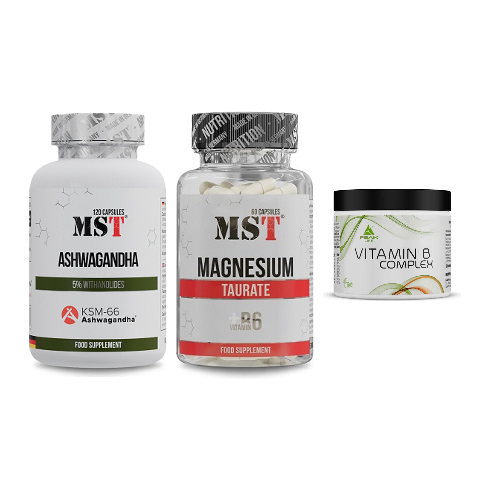 Stress & Balance: MST Ashwagandha + MST Magnesium + Peak Vitamin B – alle enthaltenen Artikel