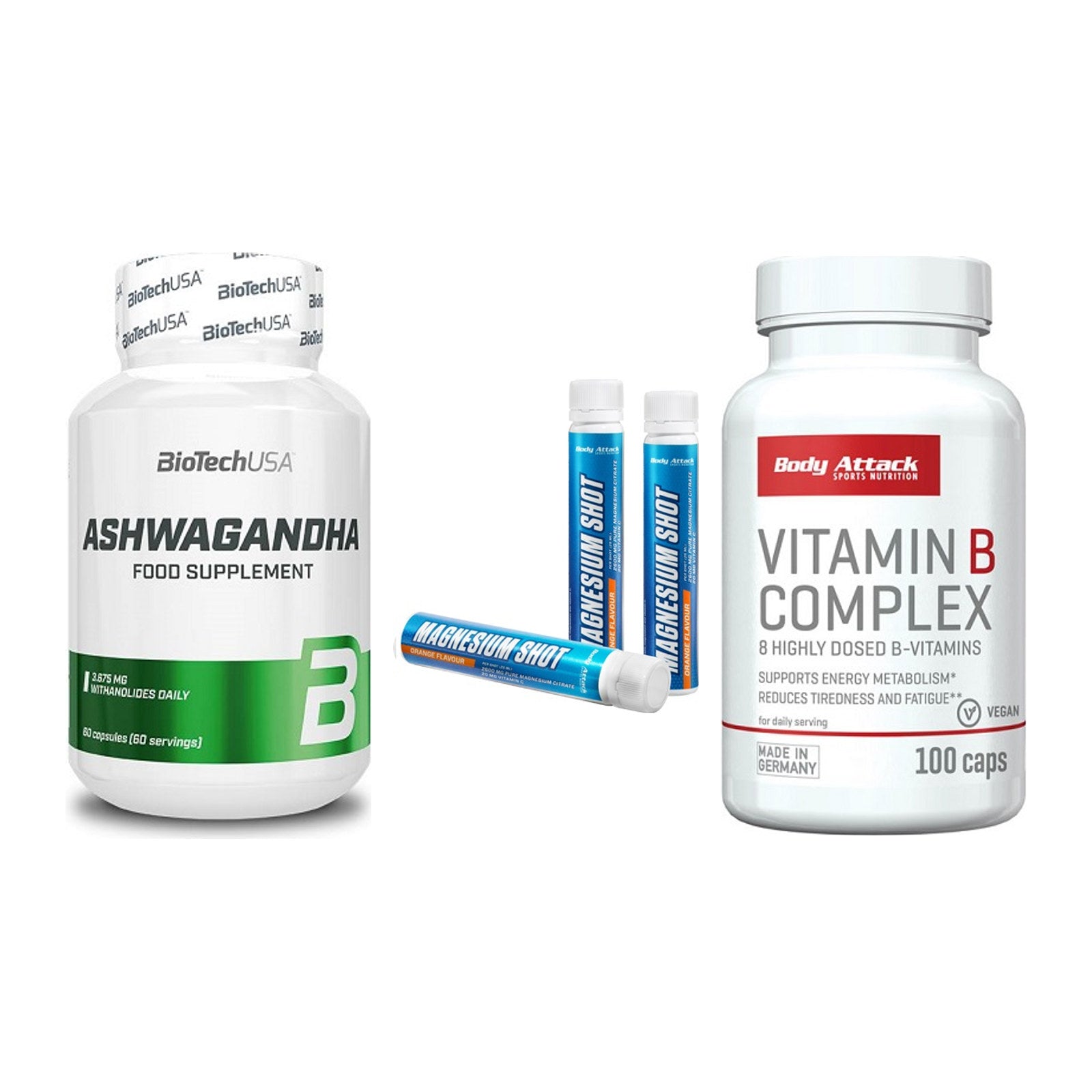 Stress & Balance: BioTech Ashwagandh + Body Attack + 1 weitere – alle enthaltenen Artikel