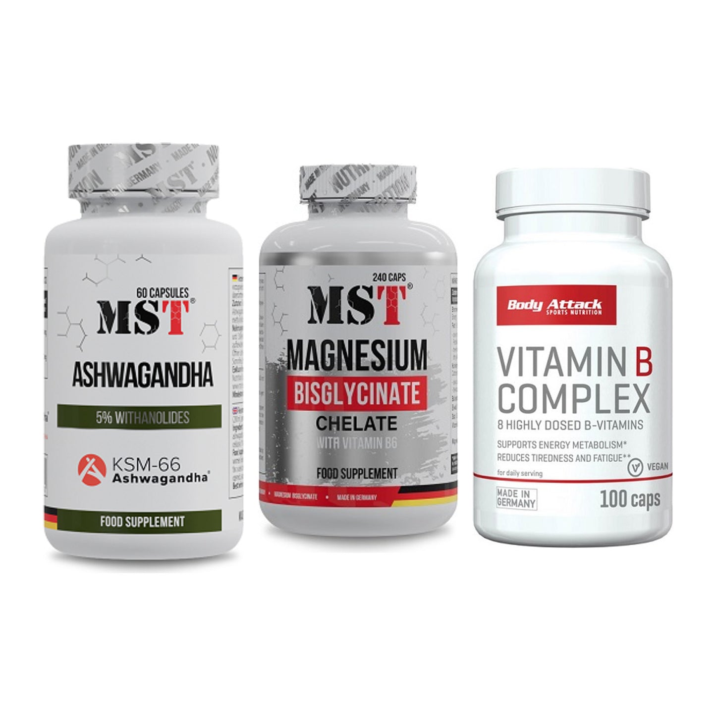 Stress & Balance: MST Ashwagandha + MST Magnesium + Body Attack – alle enthaltenen Artikel