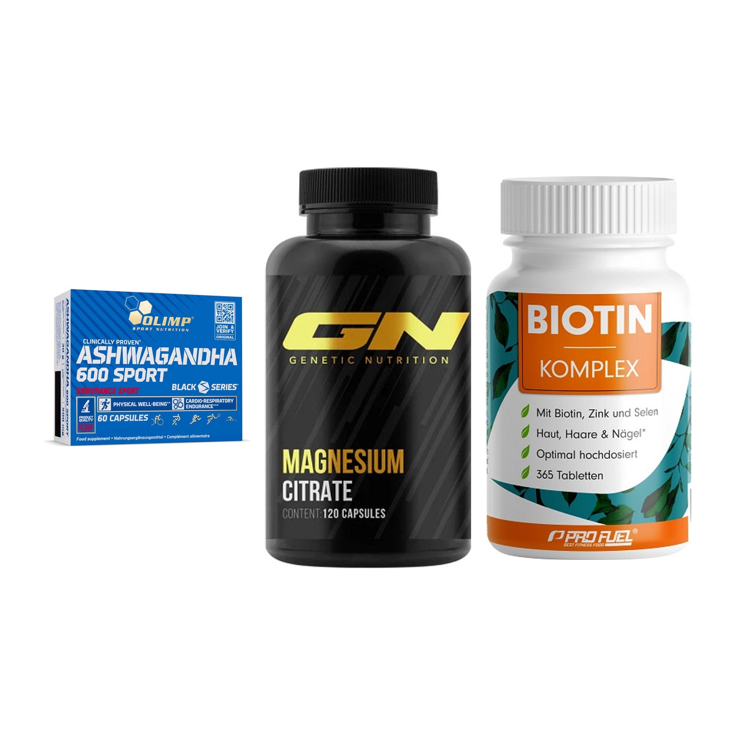 Stress & Balance: Olimp Ashwagand + GN Magnesium + ProFuel BIOTIN – alle enthaltenen Artikel