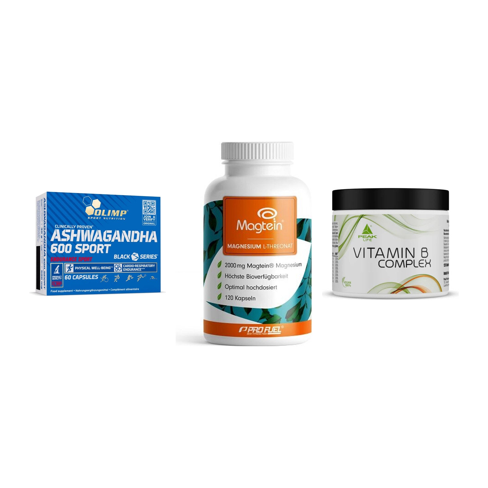 Stress & Balance: Olimp Ashwagand + ProFuel Magnesi + Peak Vitamin B – alle enthaltenen Artikel