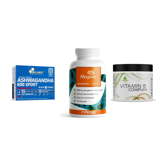 Άγχος και ισορροπία: Olimp Ashwagand + ProFuel Magnesi + Peak Vitamin B – περιλαμβάνονται όλα τα είδη