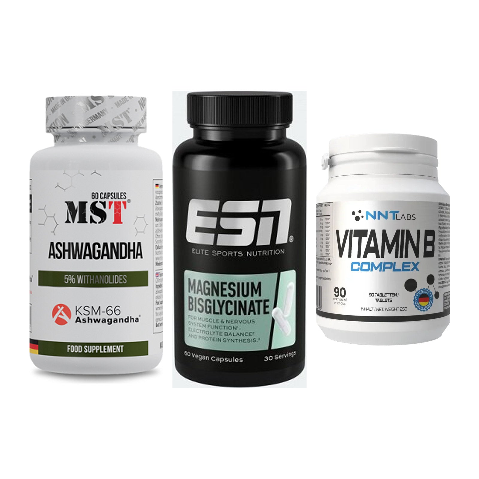 Stress & Balance: MST Ashwagandha + ESN Magnesium + NNT Vitamin B – alle enthaltenen Artikel