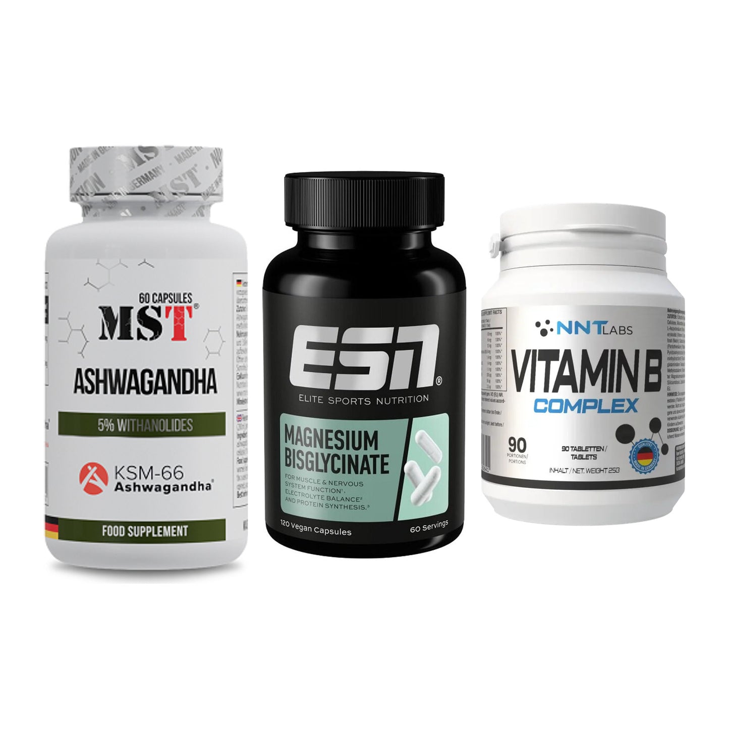 Stress & Balance: MST Ashwagandha + ESN Magnesium + NNT Vitamin B – alle enthaltenen Artikel
