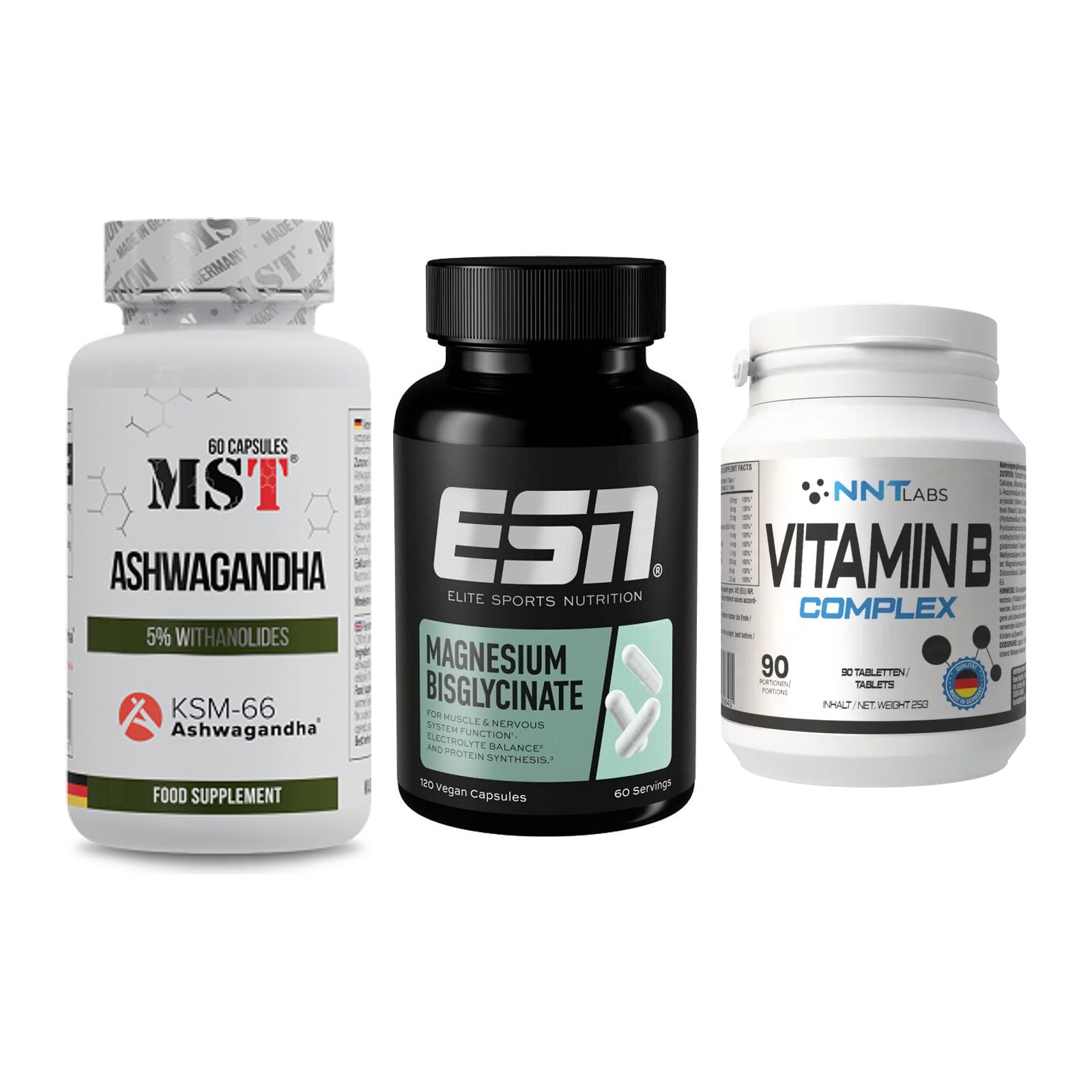 Stress & Balance: MST Ashwagandha + ESN Magnesium + NNT Vitamin B – alle enthaltenen Artikel