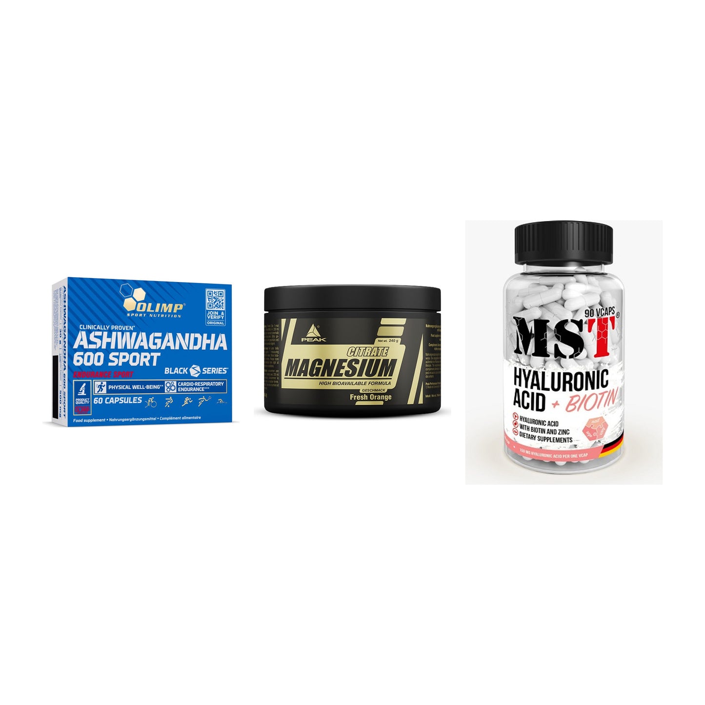 Stress & Balance: Olimp Ashwagand + Peak Magnesium + MST Hyaluronic – alle enthaltenen Artikel