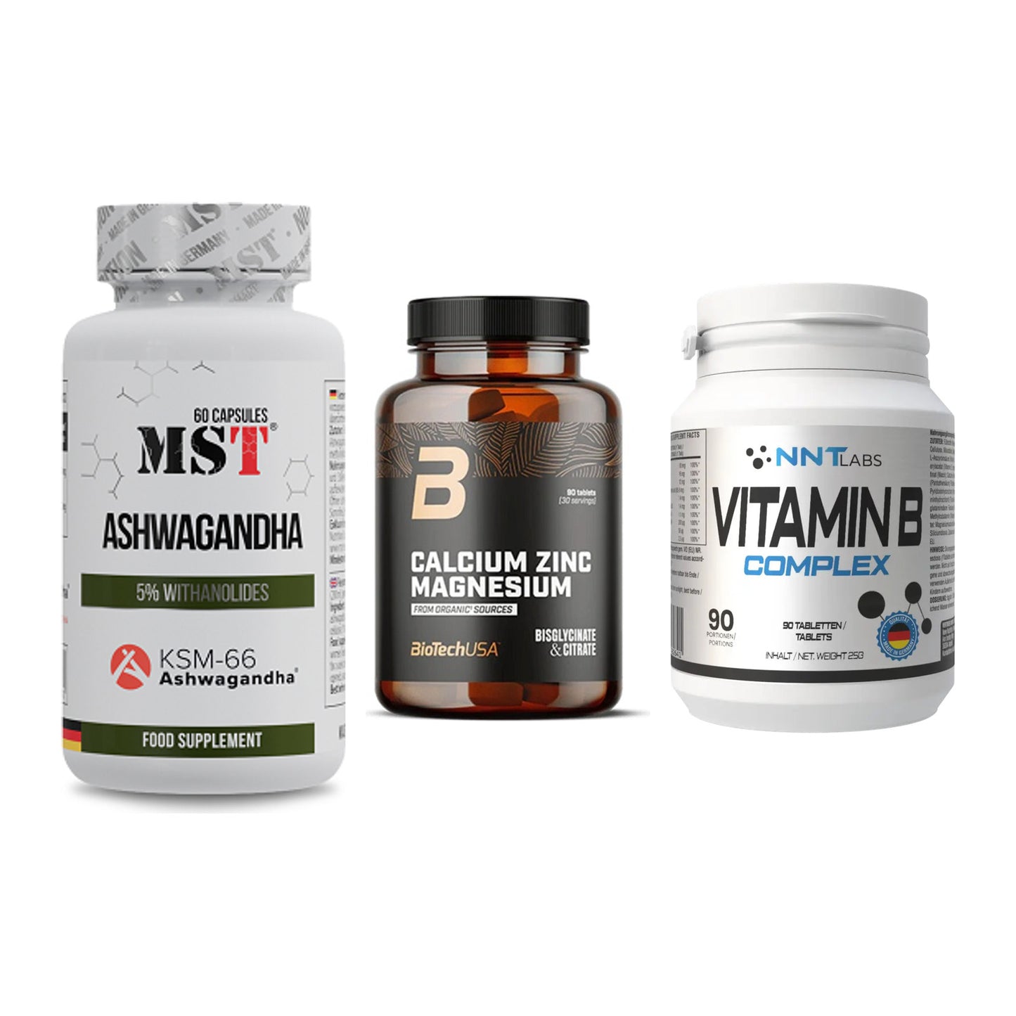 Stress & Balance: MST Ashwagandha + BioTech Calcium + NNT Vitamin B – alle enthaltenen Artikel