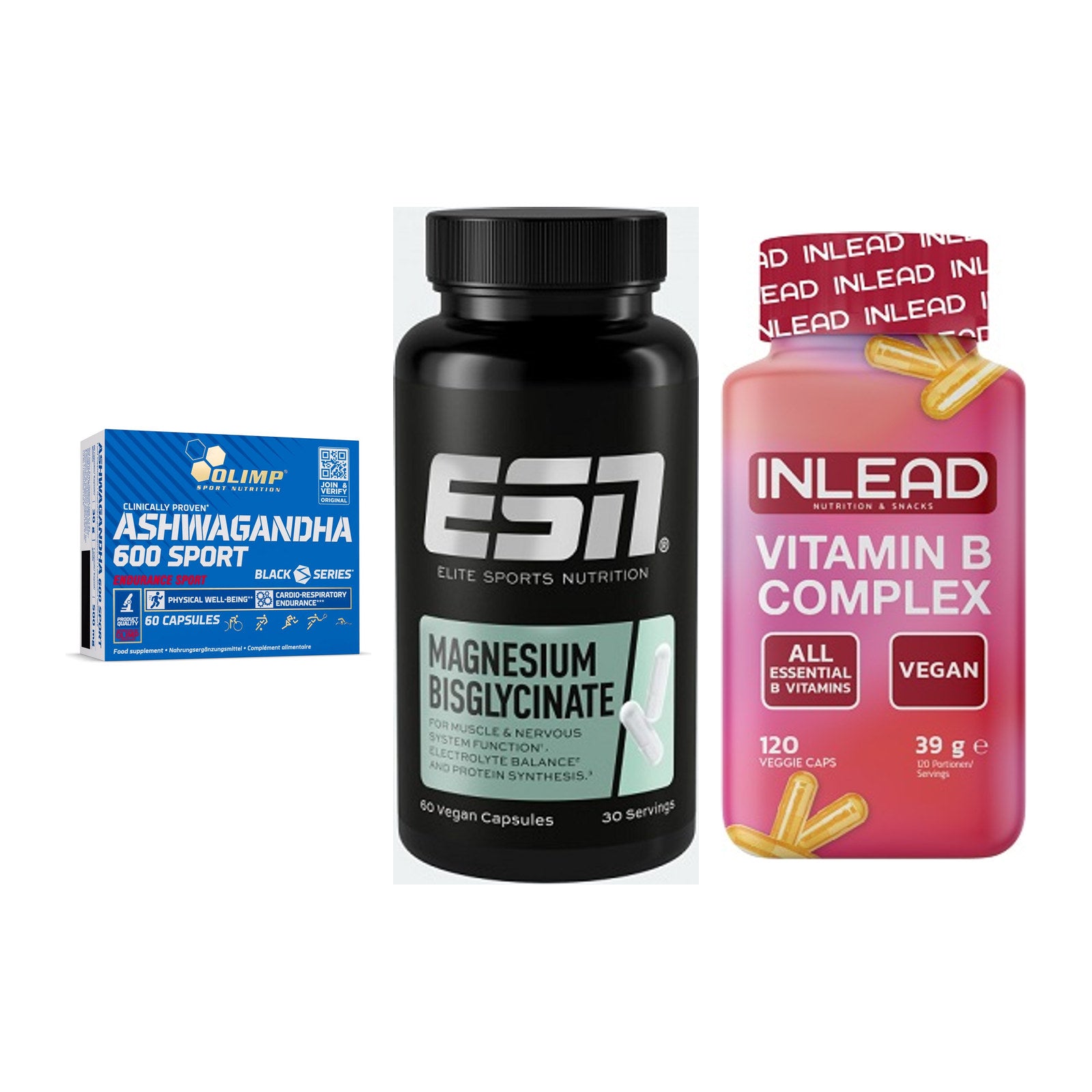 Stress & Balance: Olimp Ashwagand + ESN Magnesium + INLEAD Vitamin – alle enthaltenen Artikel