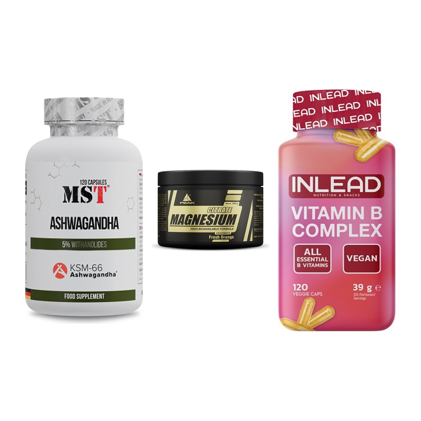 Stress & Balance: MST Ashwagandha + Peak Magnesium + INLEAD Vitamin – alle enthaltenen Artikel