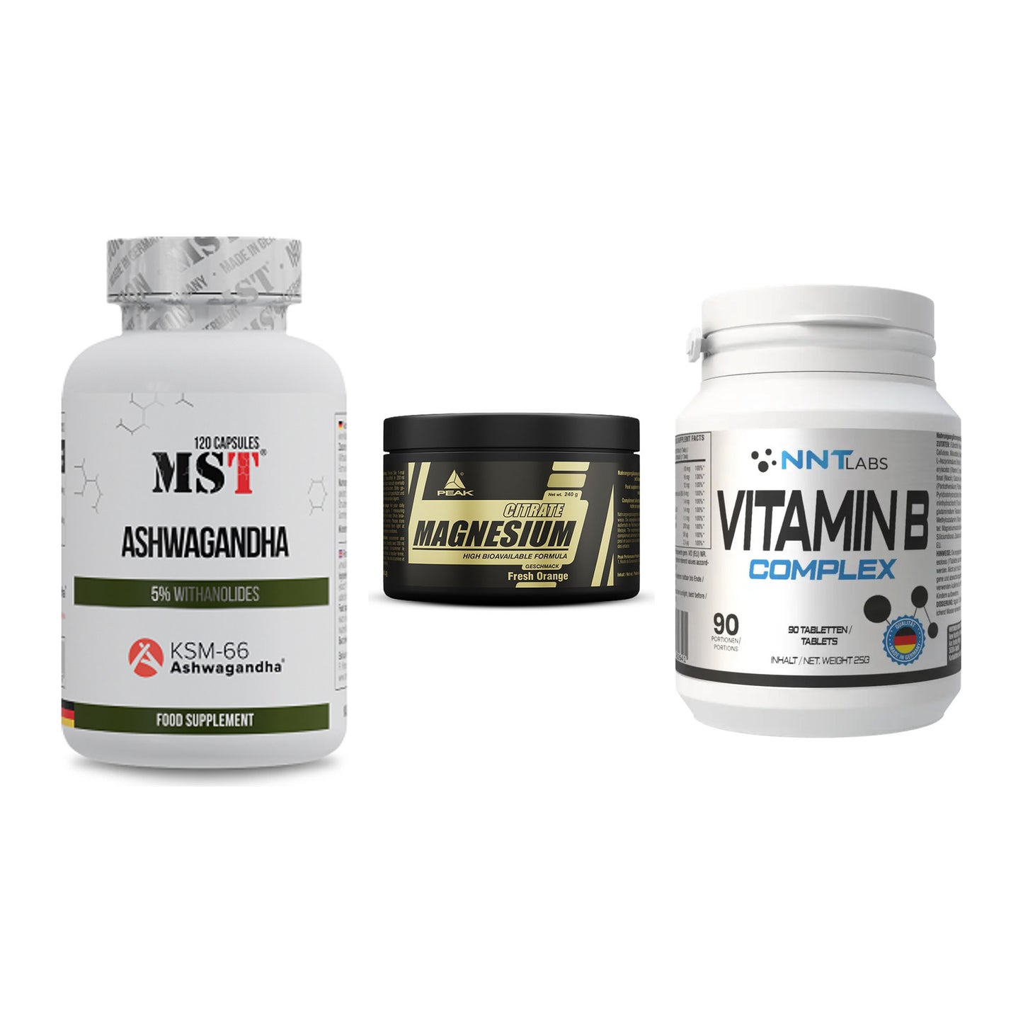 Stress & Balance: MST Ashwagandha + Peak Magnesium + NNT Vitamin B – alle enthaltenen Artikel