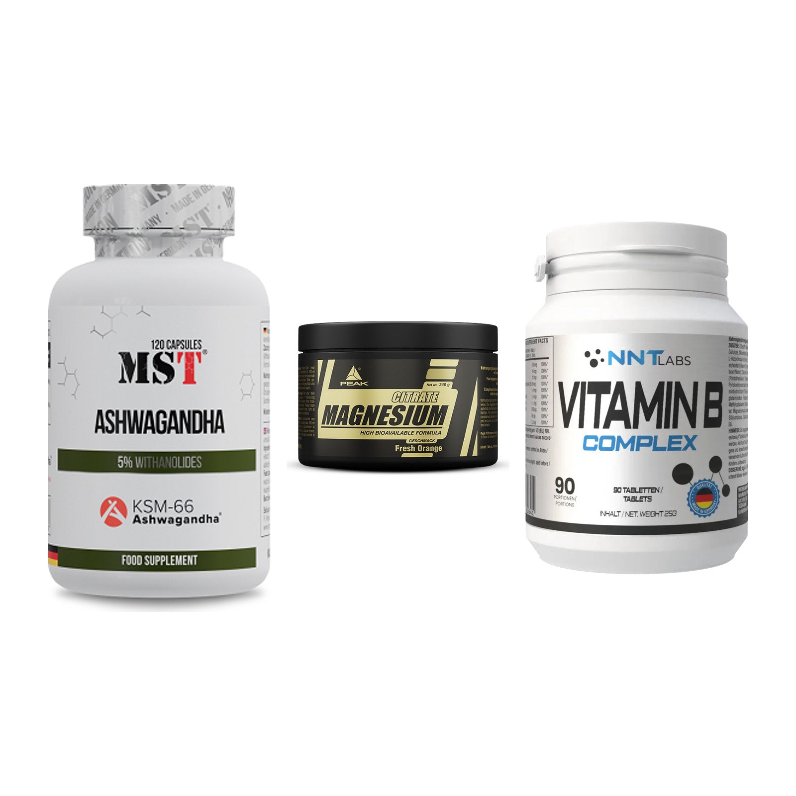 Stress & Balance: MST Ashwagandha + Peak Magnesium + NNT Vitamin B – alle enthaltenen Artikel