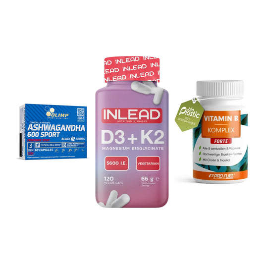 Stress & Balance: Olimp Ashwagand + INLEAD Vitamin + ProFuel Vitamin – alle enthaltenen Artikel