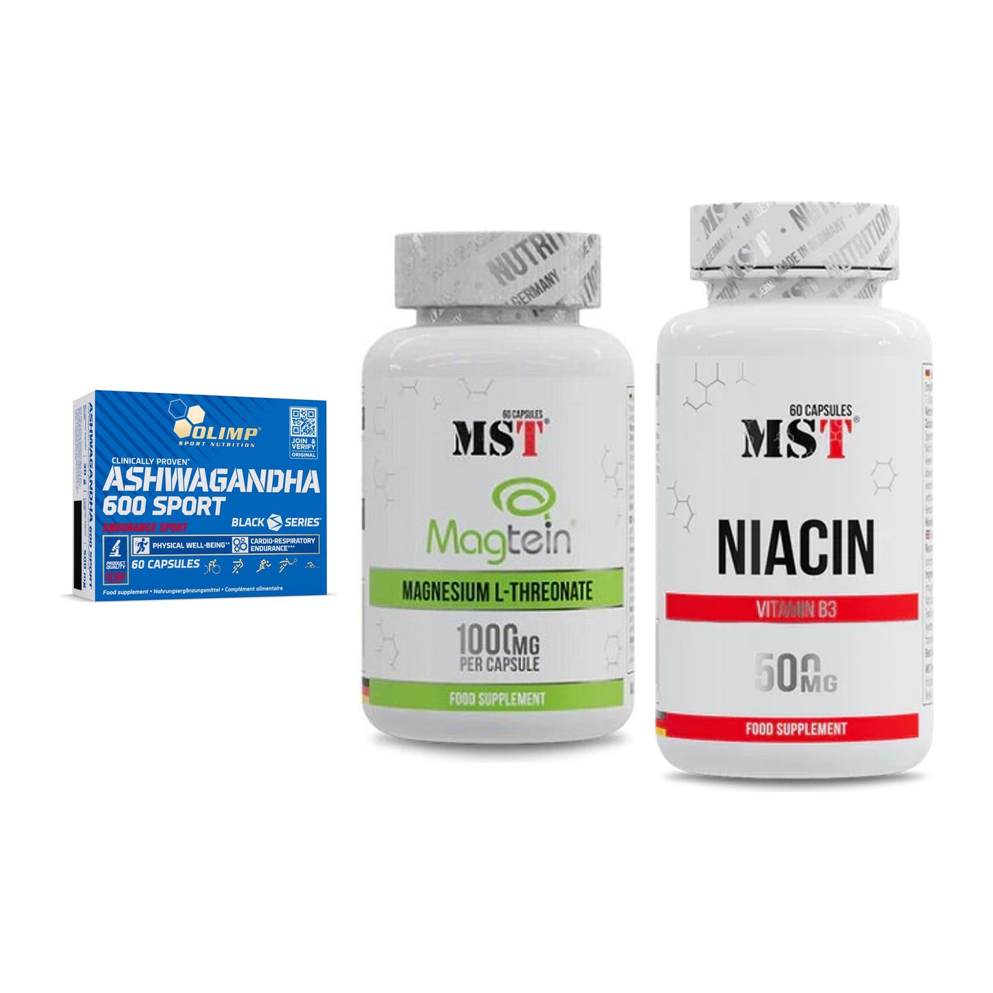 Stress & Balance: Olimp Ashwagand + MST Magnesium + MST Niacin – alle enthaltenen Artikel