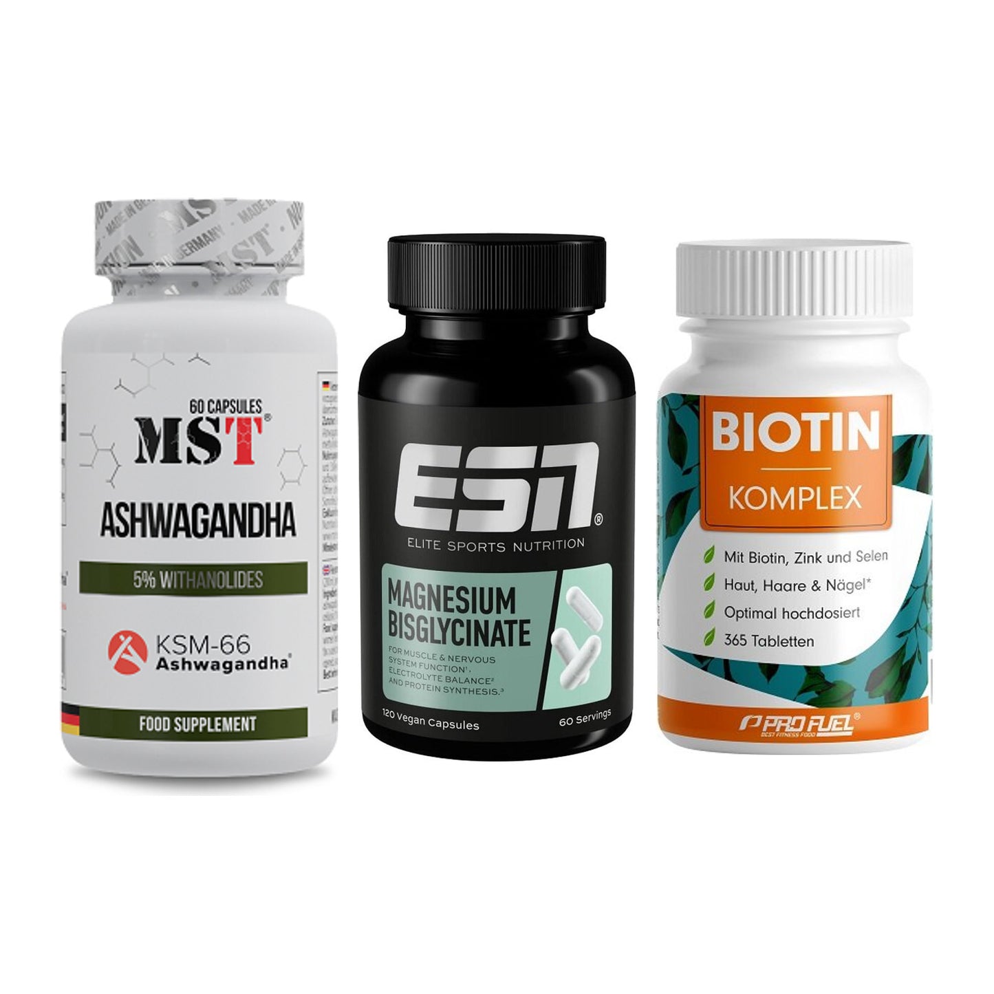 Stress & Balance: MST Ashwagandha + ESN Magnesium + ProFuel BIOTIN – alle enthaltenen Artikel