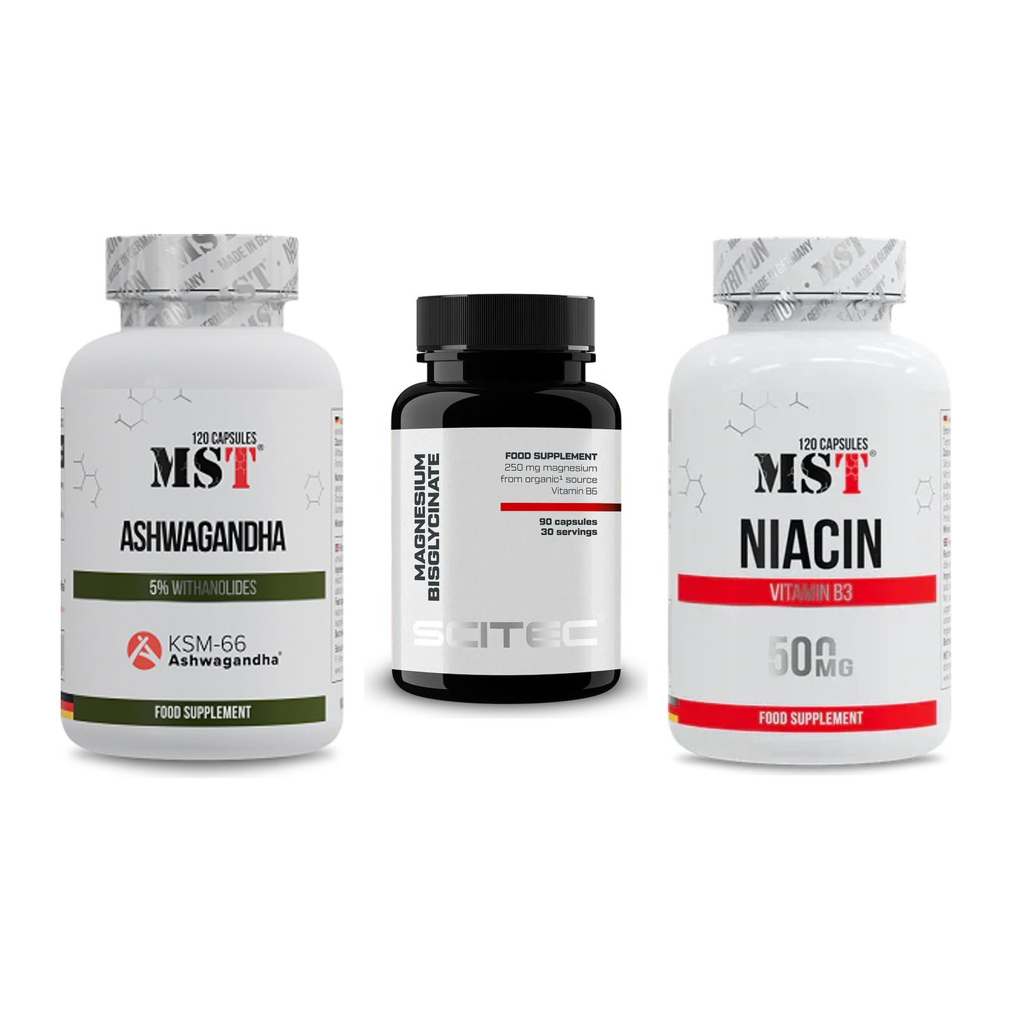 Stress & Balance: MST Ashwagandha + Scitec Magnesiu + MST Niacin – alle enthaltenen Artikel