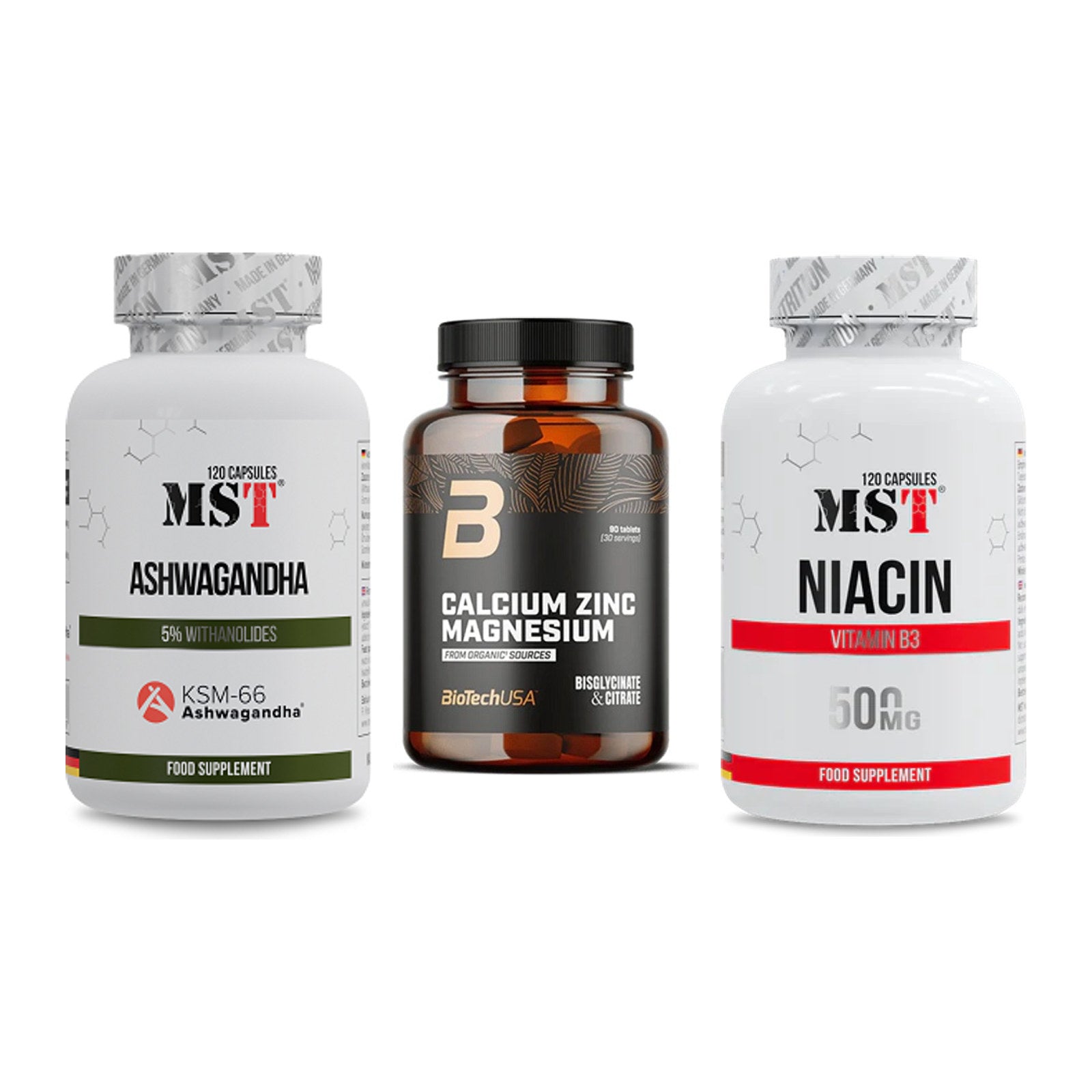 Stress & Balance: MST Ashwagandha + BioTech Calcium + MST Niacin – alle enthaltenen Artikel